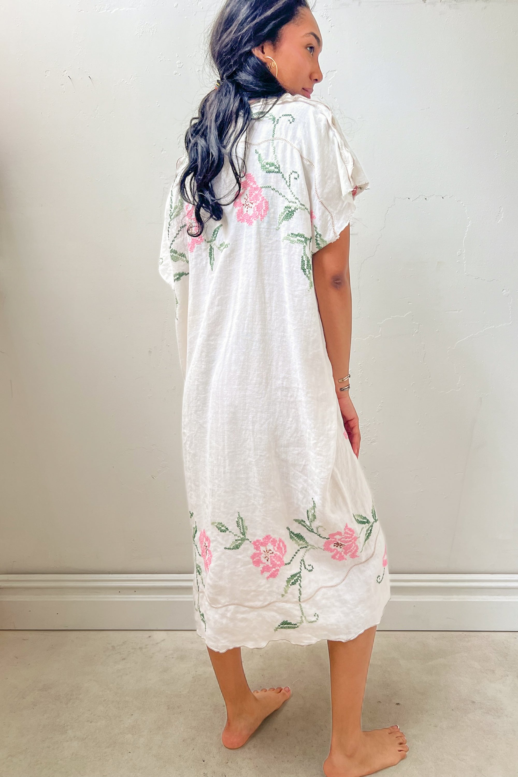 Anna Corinna Reworked Vintage Cross Stitch Pink Flower Smock Dress