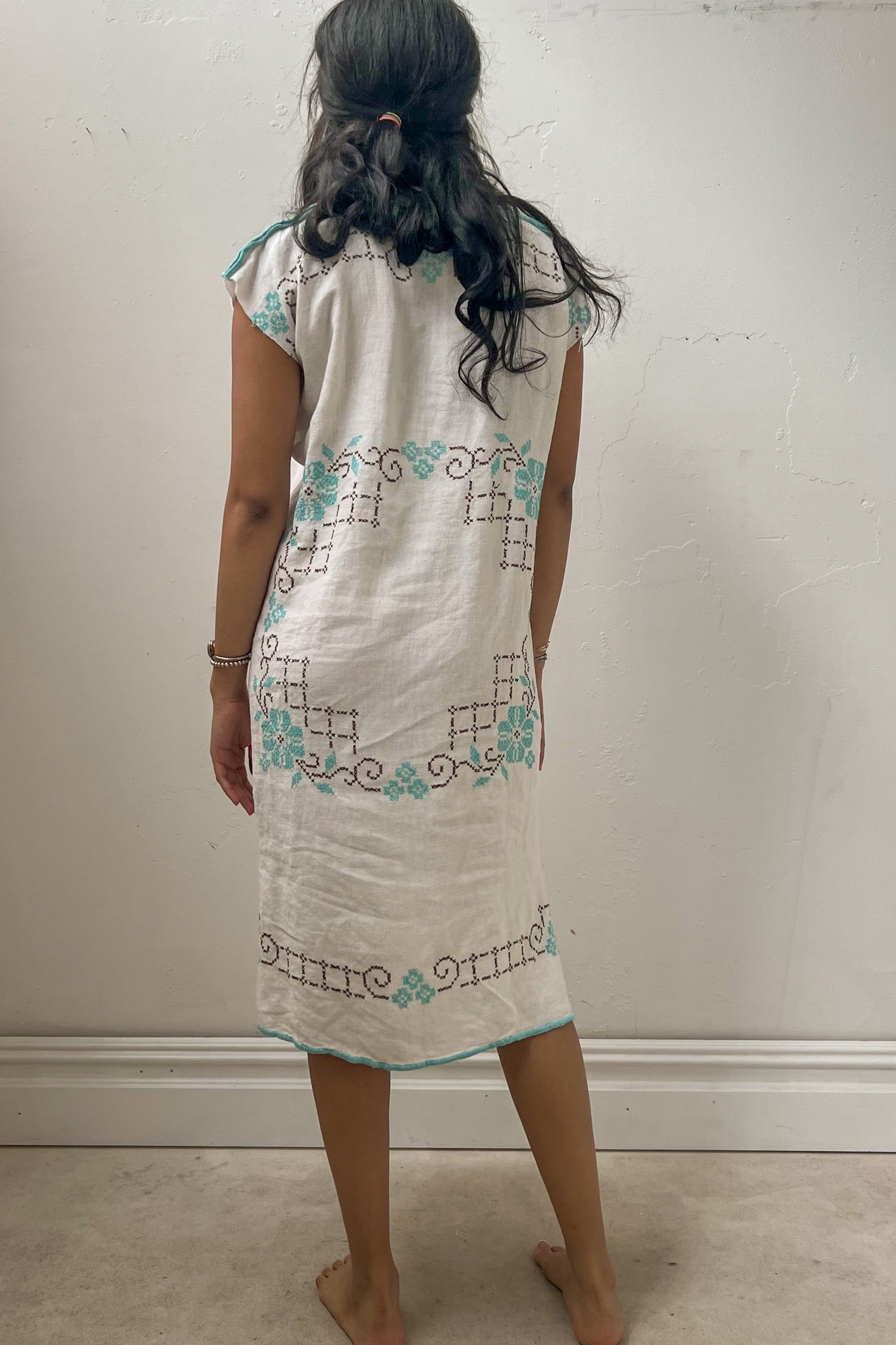 Anna Corinna Reworked Vintage Turquoise Flower Cross Stitch Smock Dress