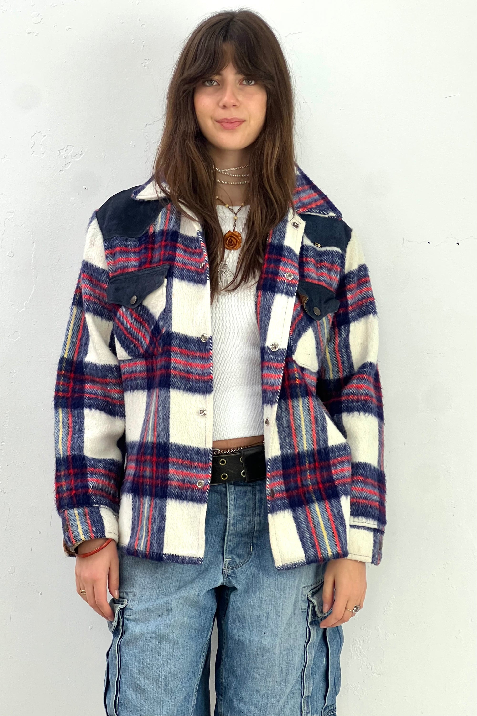 Vintage Suede Trim Plaid Snap Up Jacket Selected by Anna Corinna