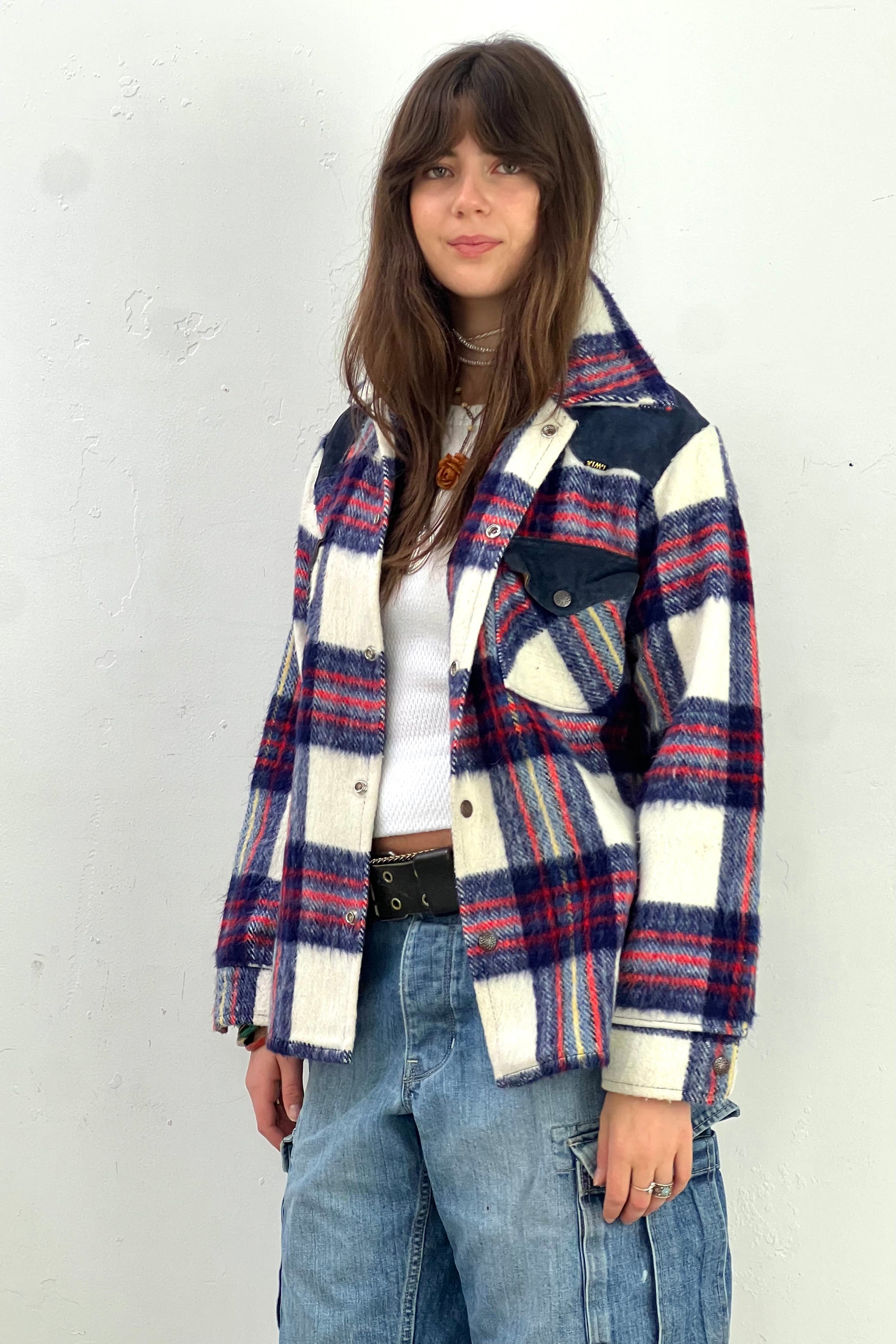 Vintage Suede Trim Plaid Snap Up Jacket Selected by Anna Corinna