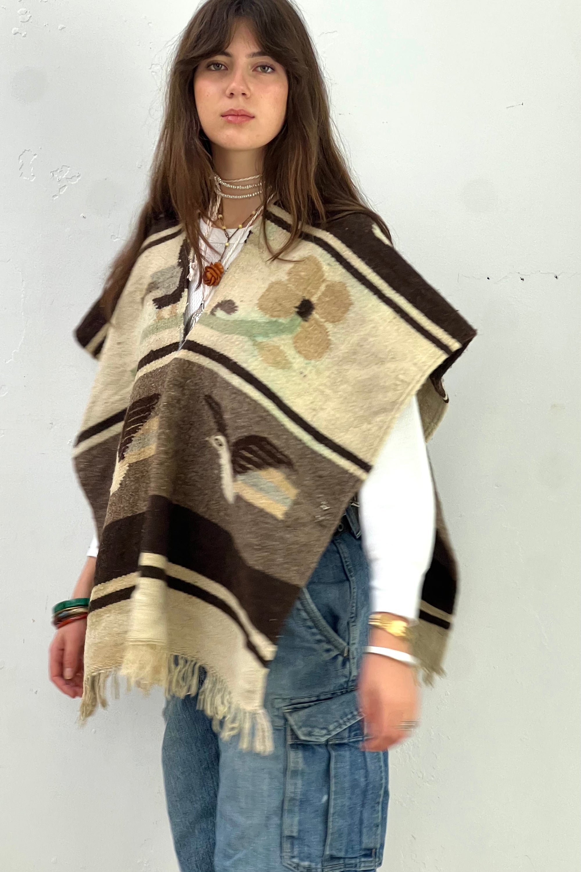 Anna Corinna Reworked Vintage Hand Woven Wool Birds Poncho