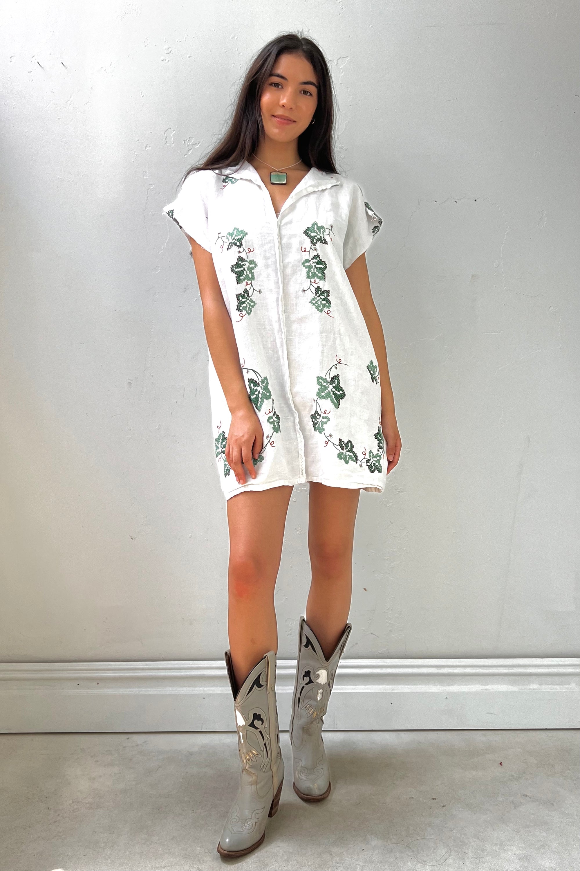 Anna Corinna Reworked Vintage Cross Stitched Ivy Smock Dress