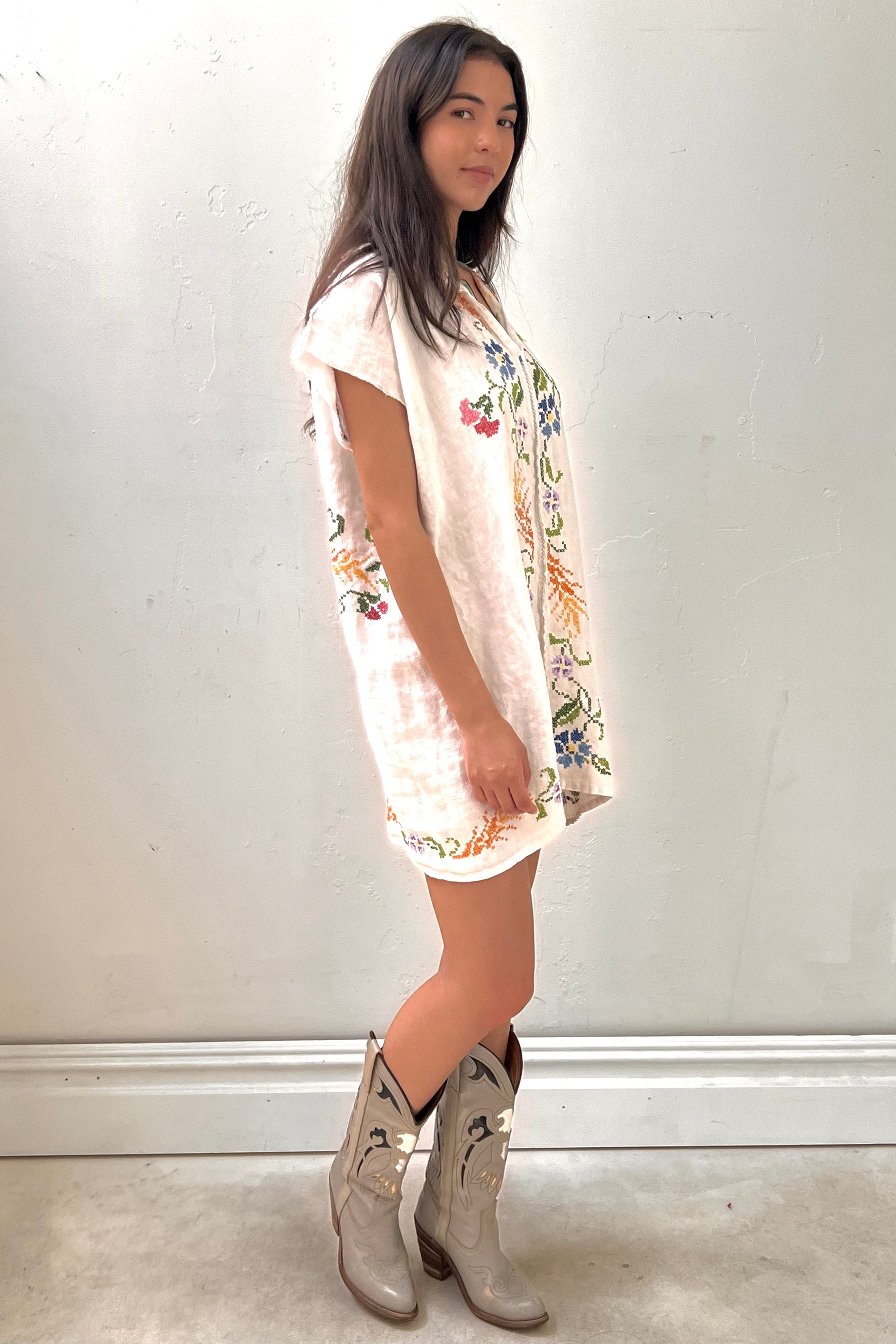 Anna Corinna Reworked Vintage Cross Stitched Flowers Smock Dress