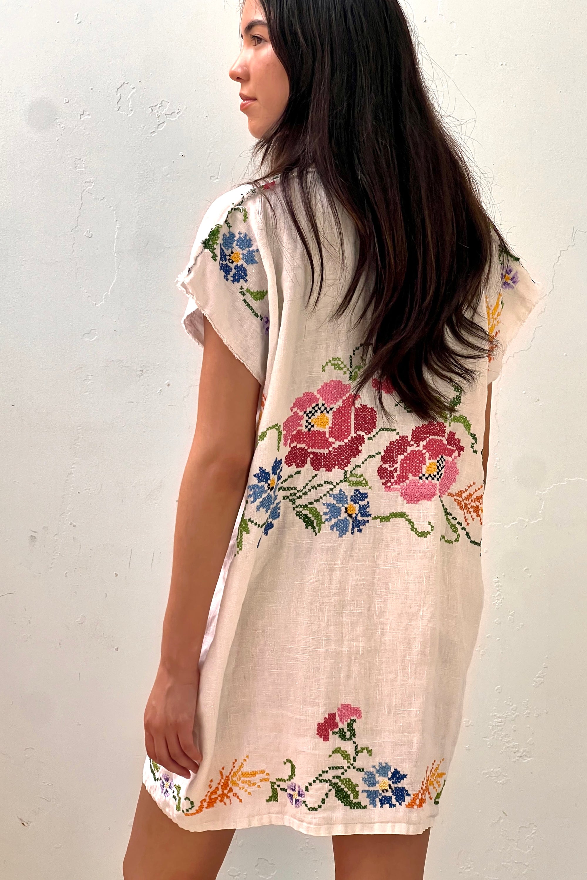 Anna Corinna Reworked Vintage Cross Stitched Flowers Smock Dress