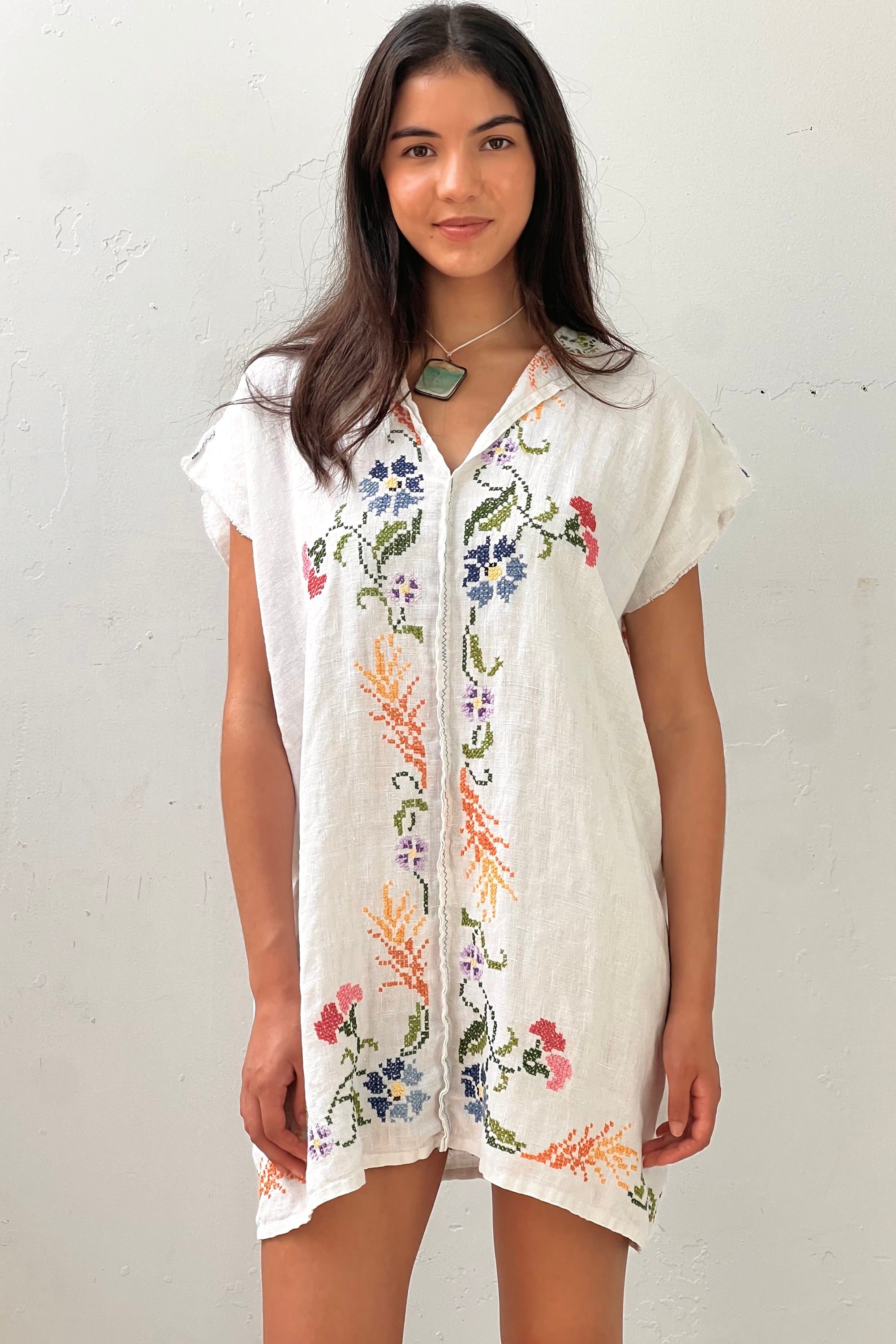 Anna Corinna Reworked Vintage Cross Stitched Flowers Smock Dress
