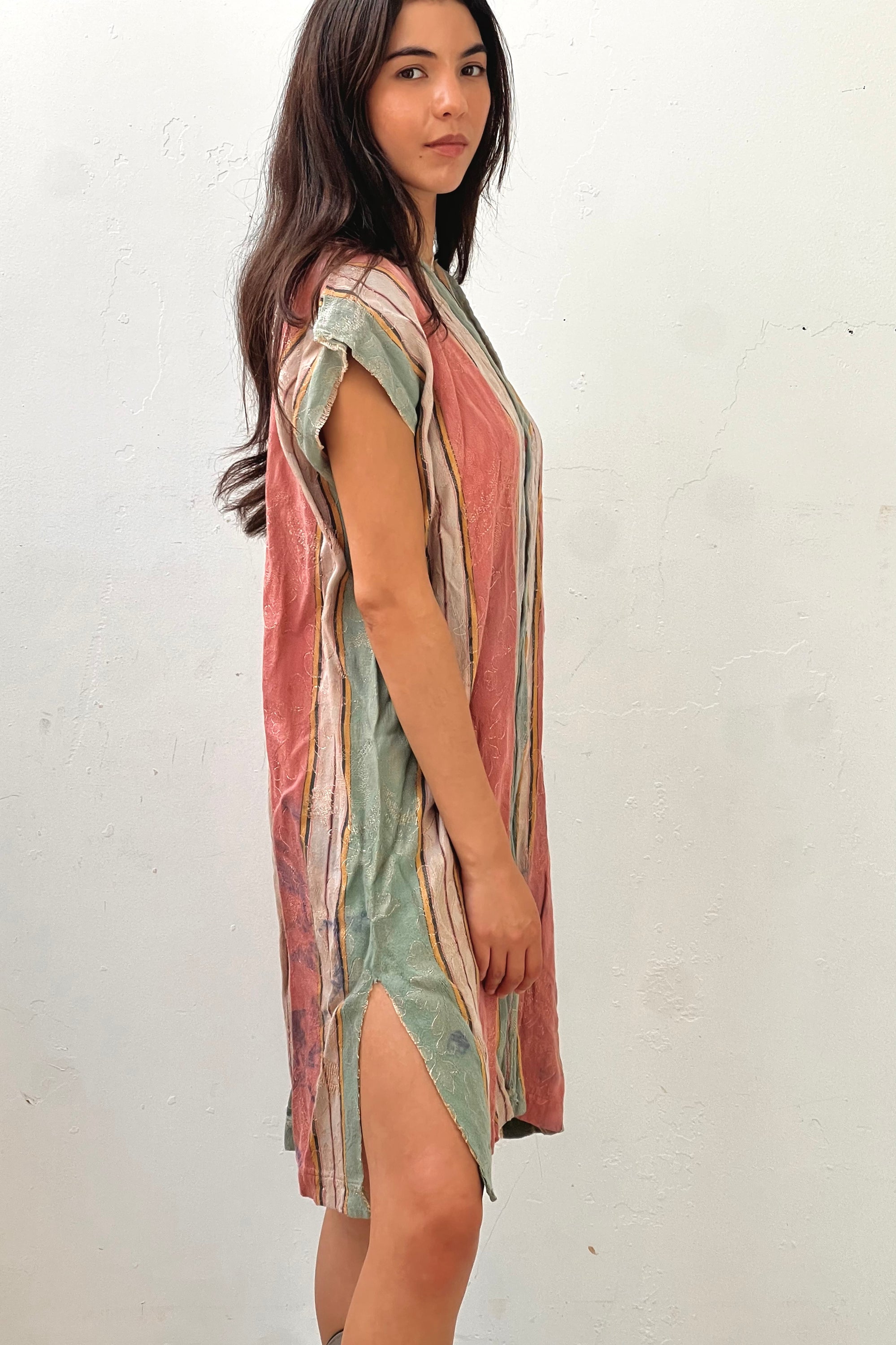 Anna Corinna Reworked Vintage Pink Green Shabby Floral Stripe Smock Dress