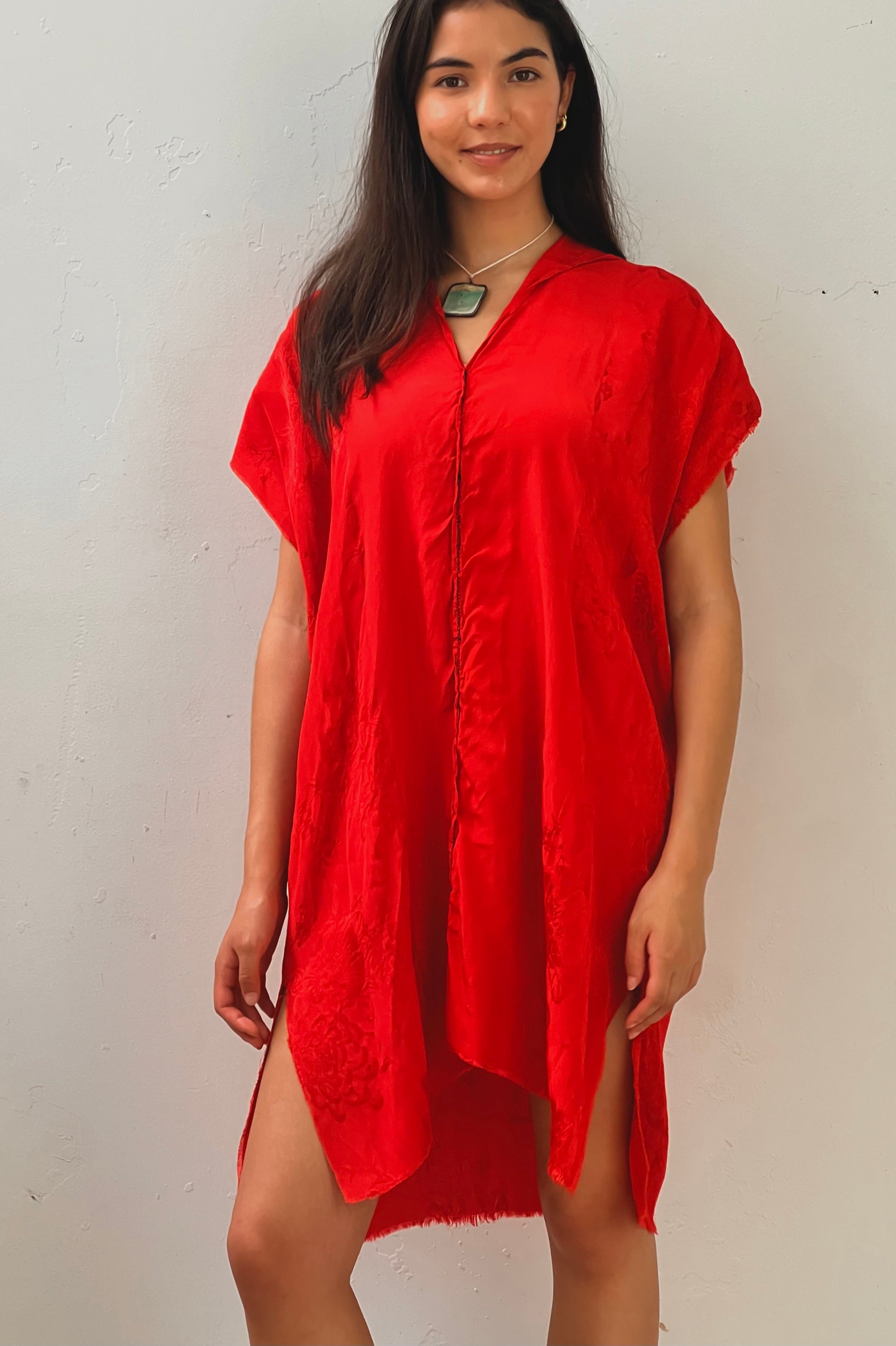 Anna Corinna Reworked Vintage Silky Red Floral  Smock Dress