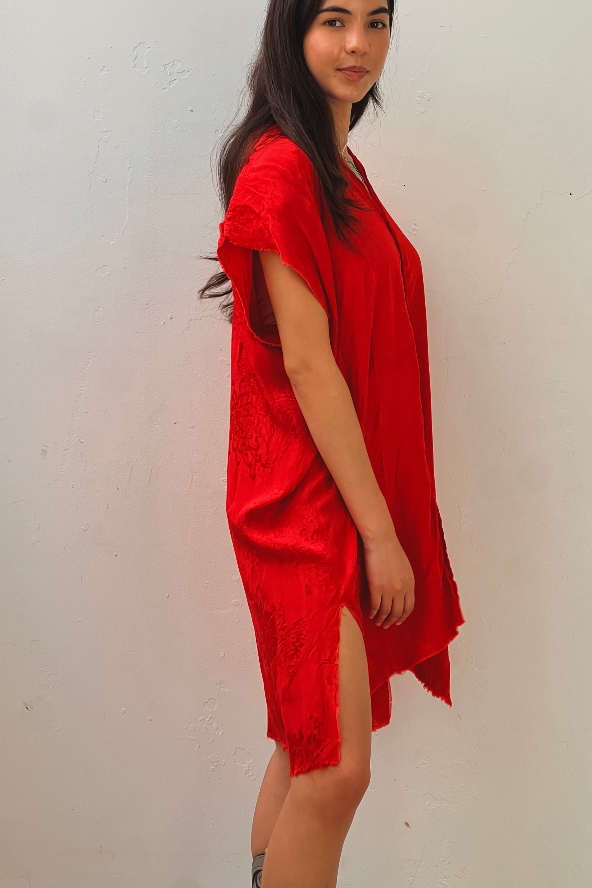 Anna Corinna Reworked Vintage Silky Red Floral  Smock Dress