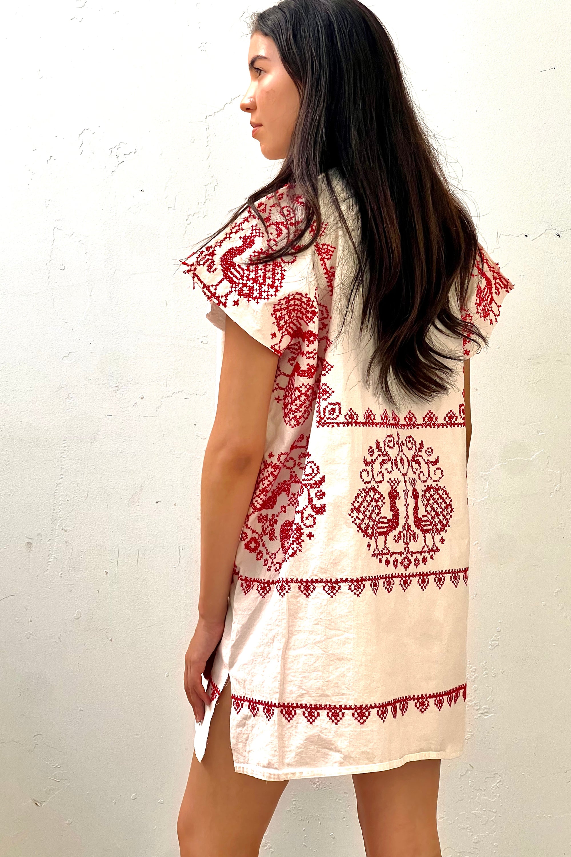 Anna Corinna Reworked Vintage Peacock Cross Stitch Smock Dress