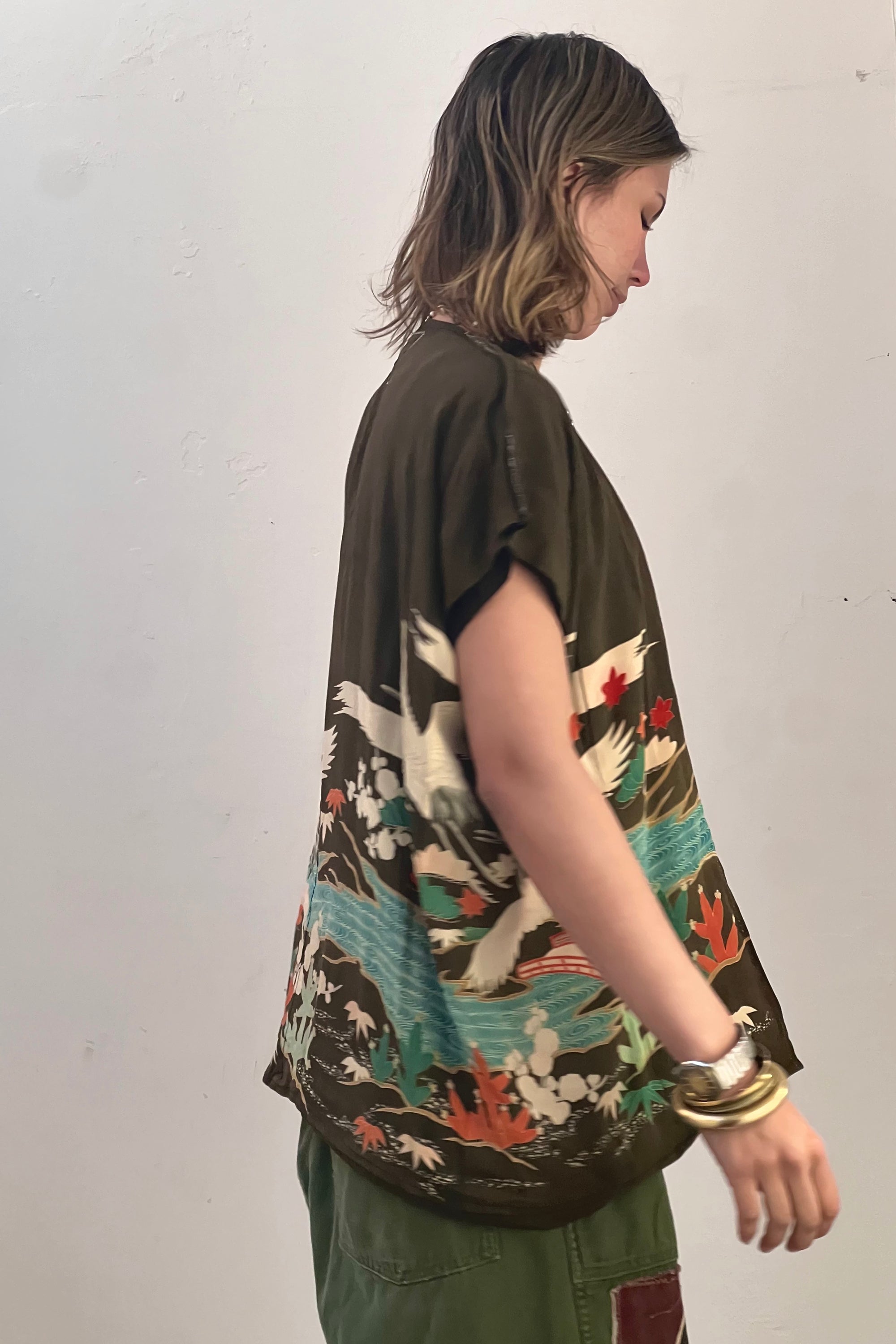 Anna Corinna Reworked Vintage Silk Cranes Kimono Jacket