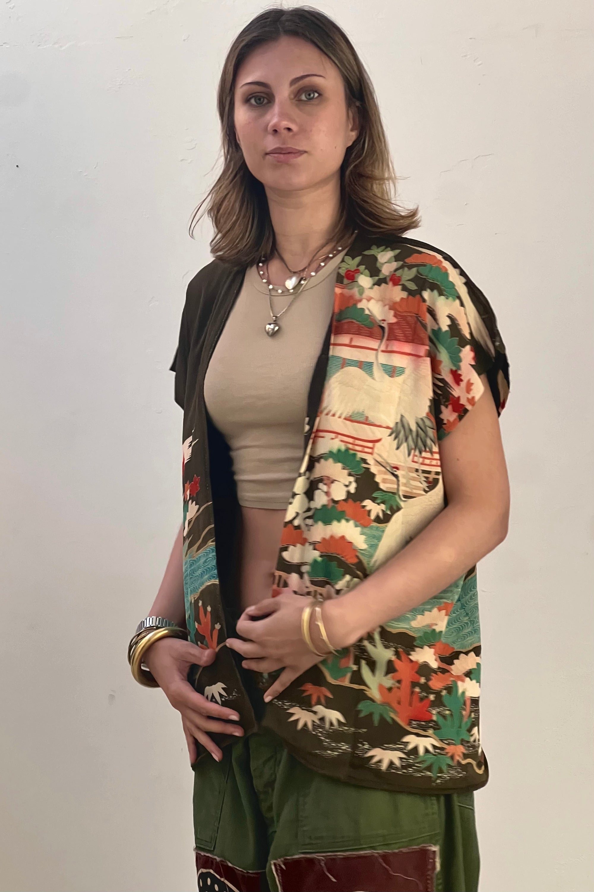 Anna Corinna Reworked Vintage Silk Cranes Kimono Jacket