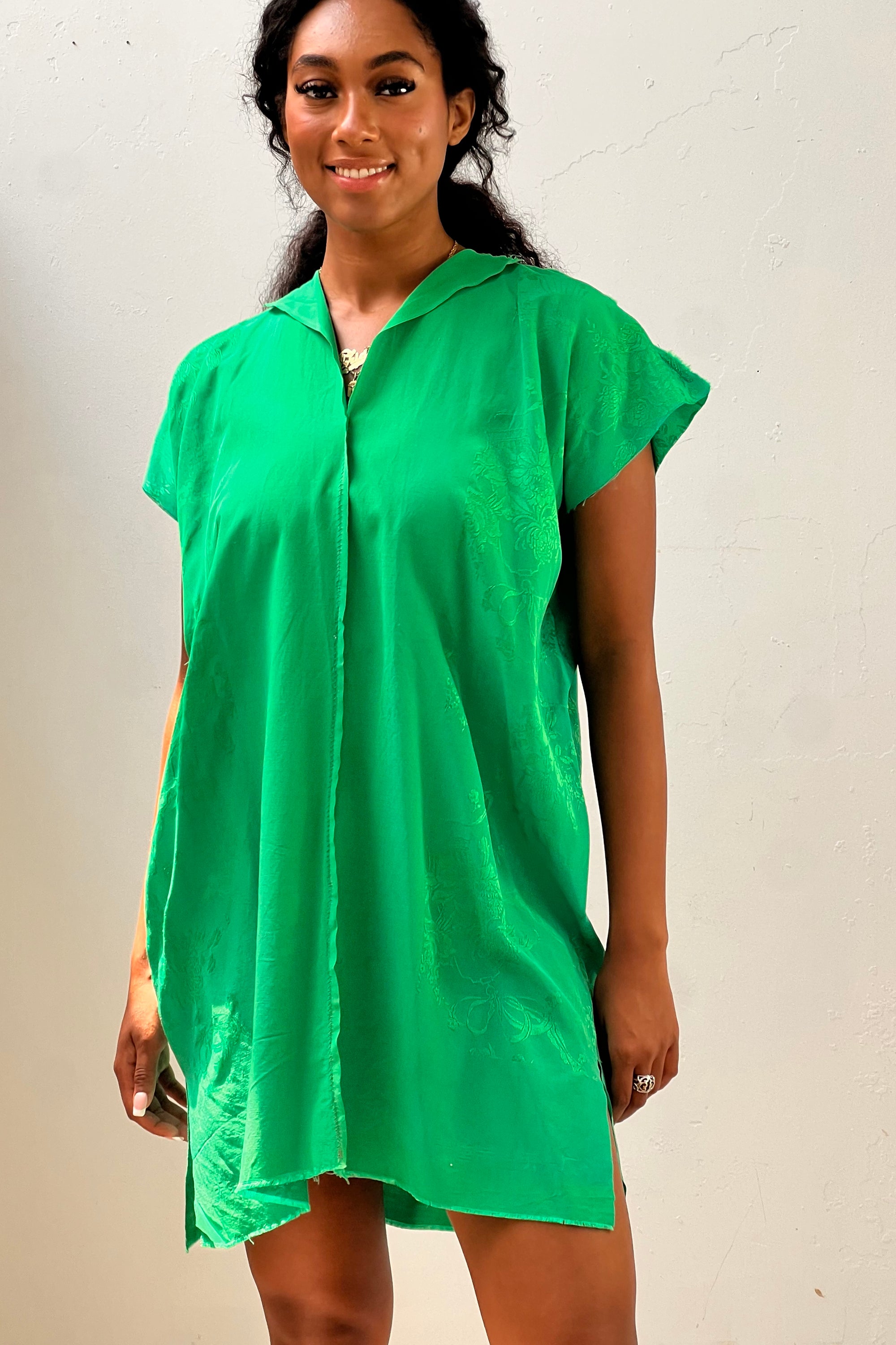 Anna Corinna Reworked Vintage Damask Emerald Roses Smock Dress