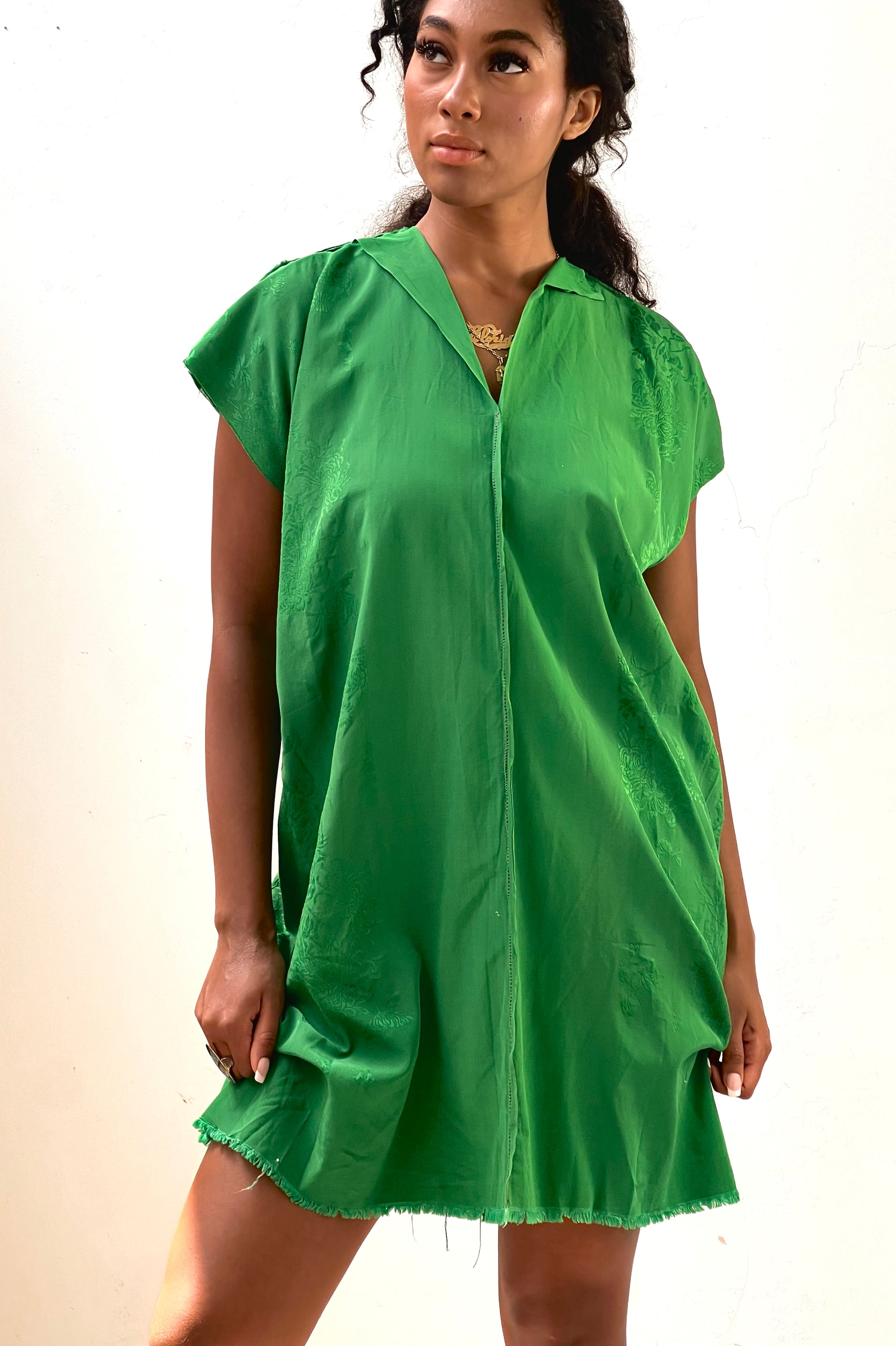 Anna Corinna Reworked Vintage Damask Emerald Chrysanthamums Smock Dress