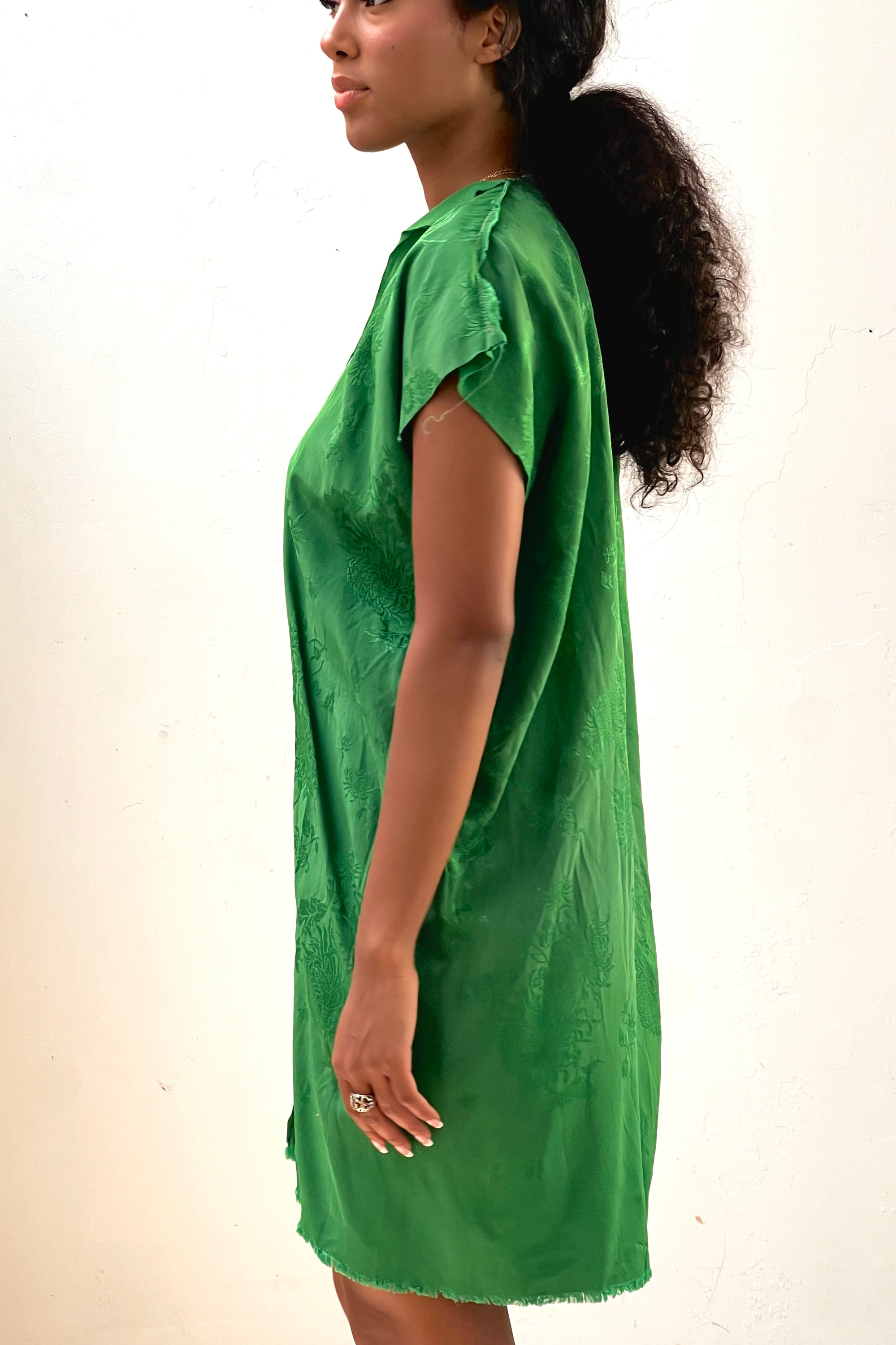 Anna Corinna Reworked Vintage Damask Emerald Chrysanthamums Smock Dress
