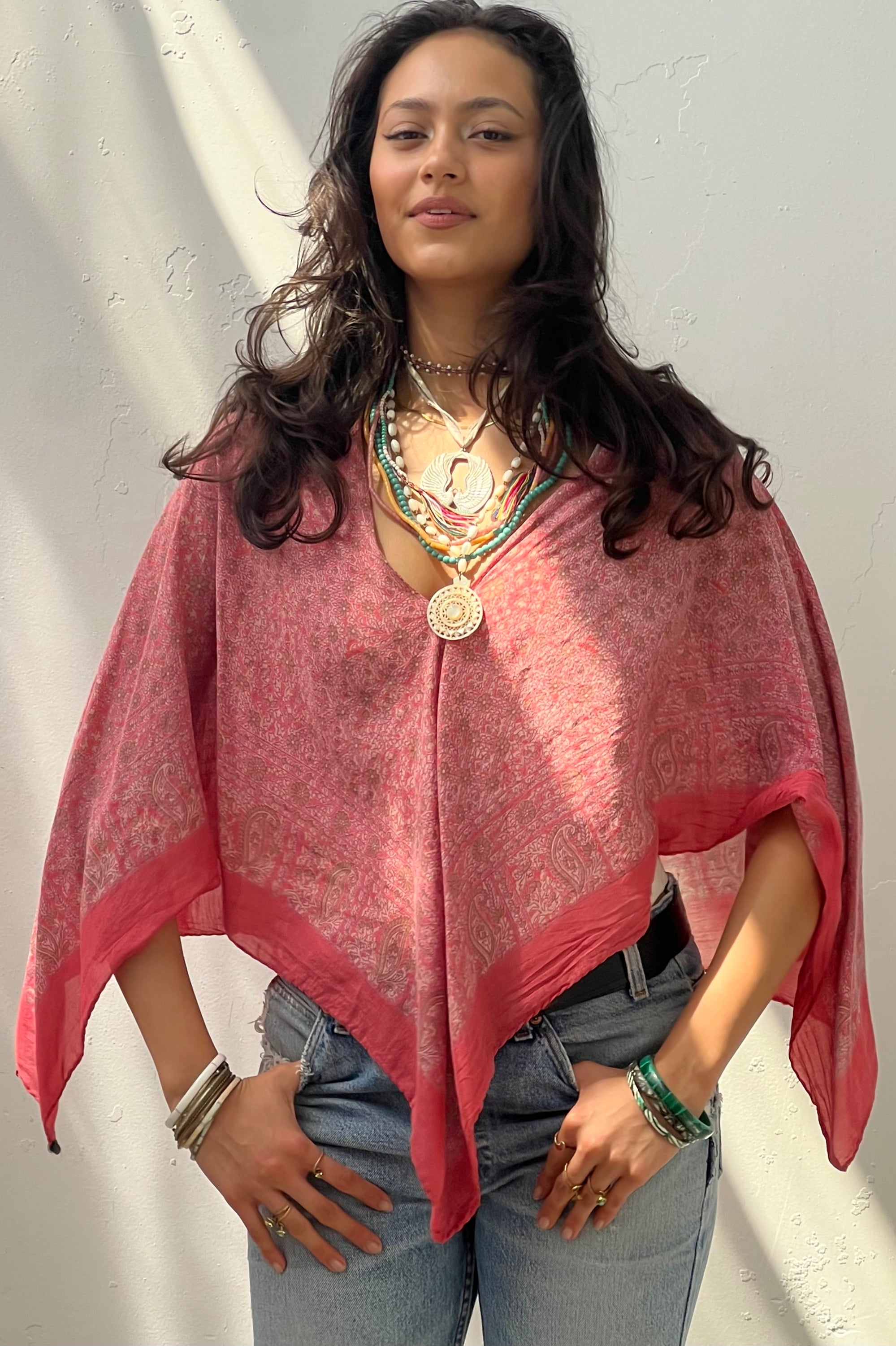 Anna Corinna Reworked Vintage Block Print Blush Poncho Top