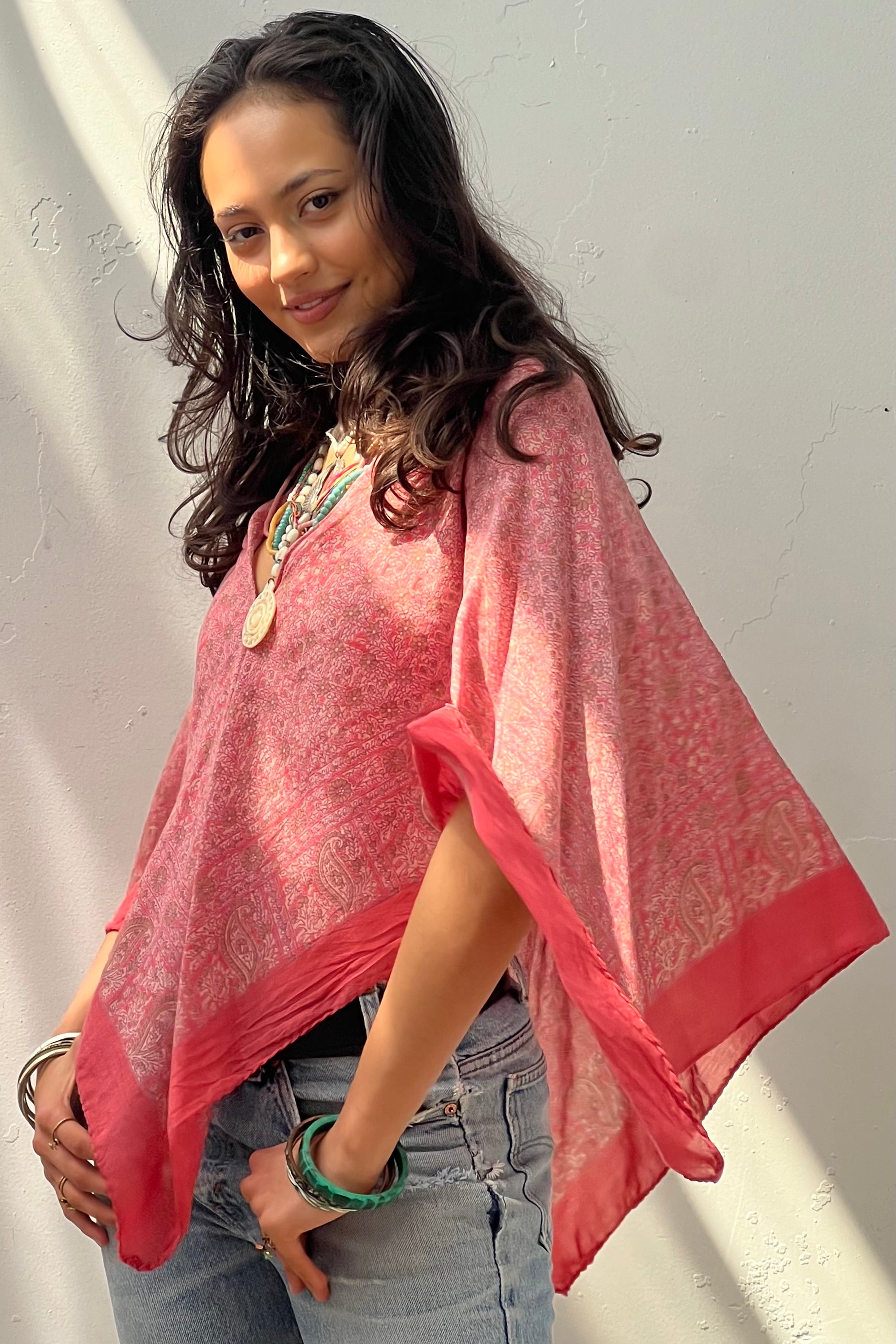 Anna Corinna Reworked Vintage Block Print Blush Poncho Top