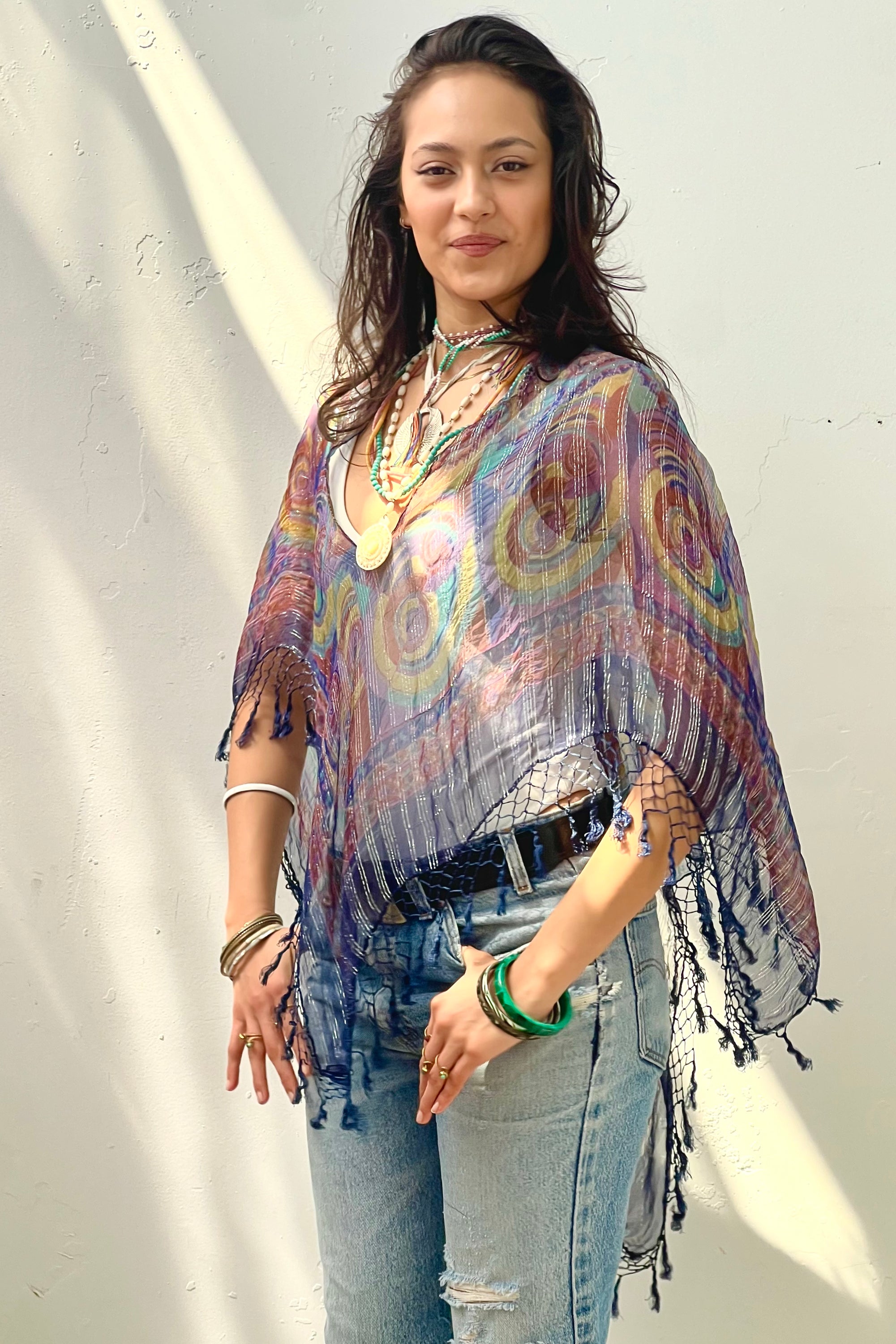 Anna Corinna Reworked Vintage Sheer Fringed Poncho Top