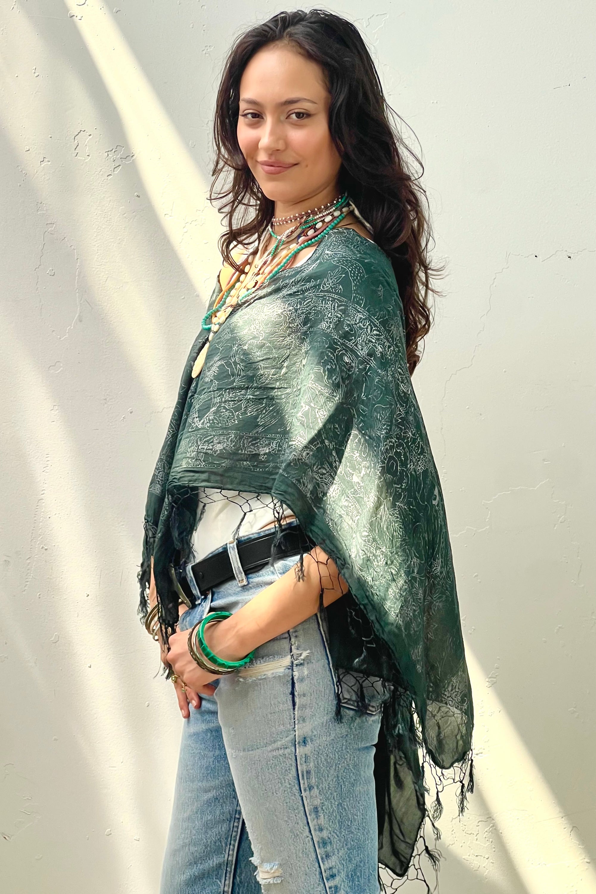 Anna Corinna Reworked Vintage Cotton Fringed Poncho Top