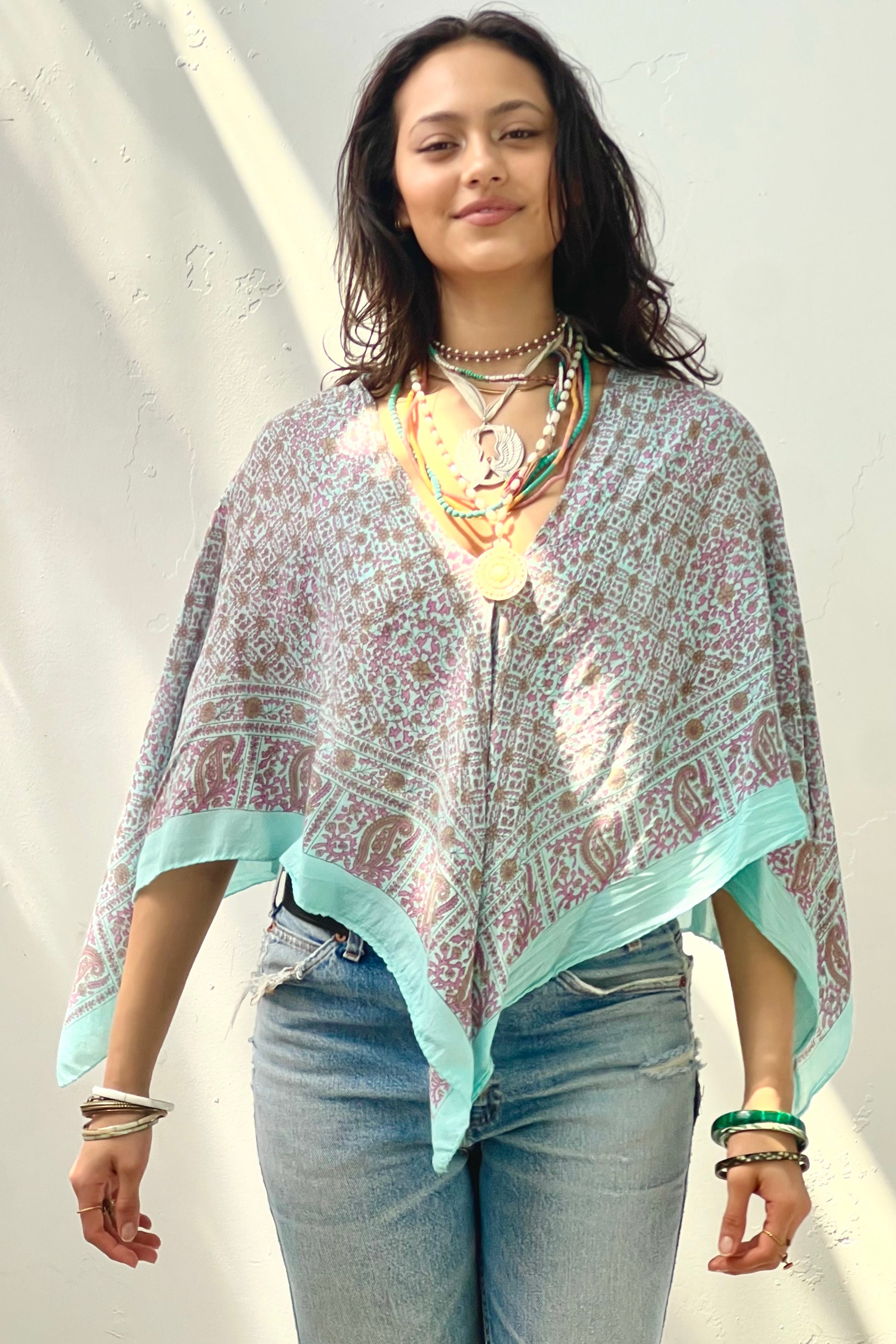 Anna Corinna Reworked Vintage Block Print Turq Poncho Top
