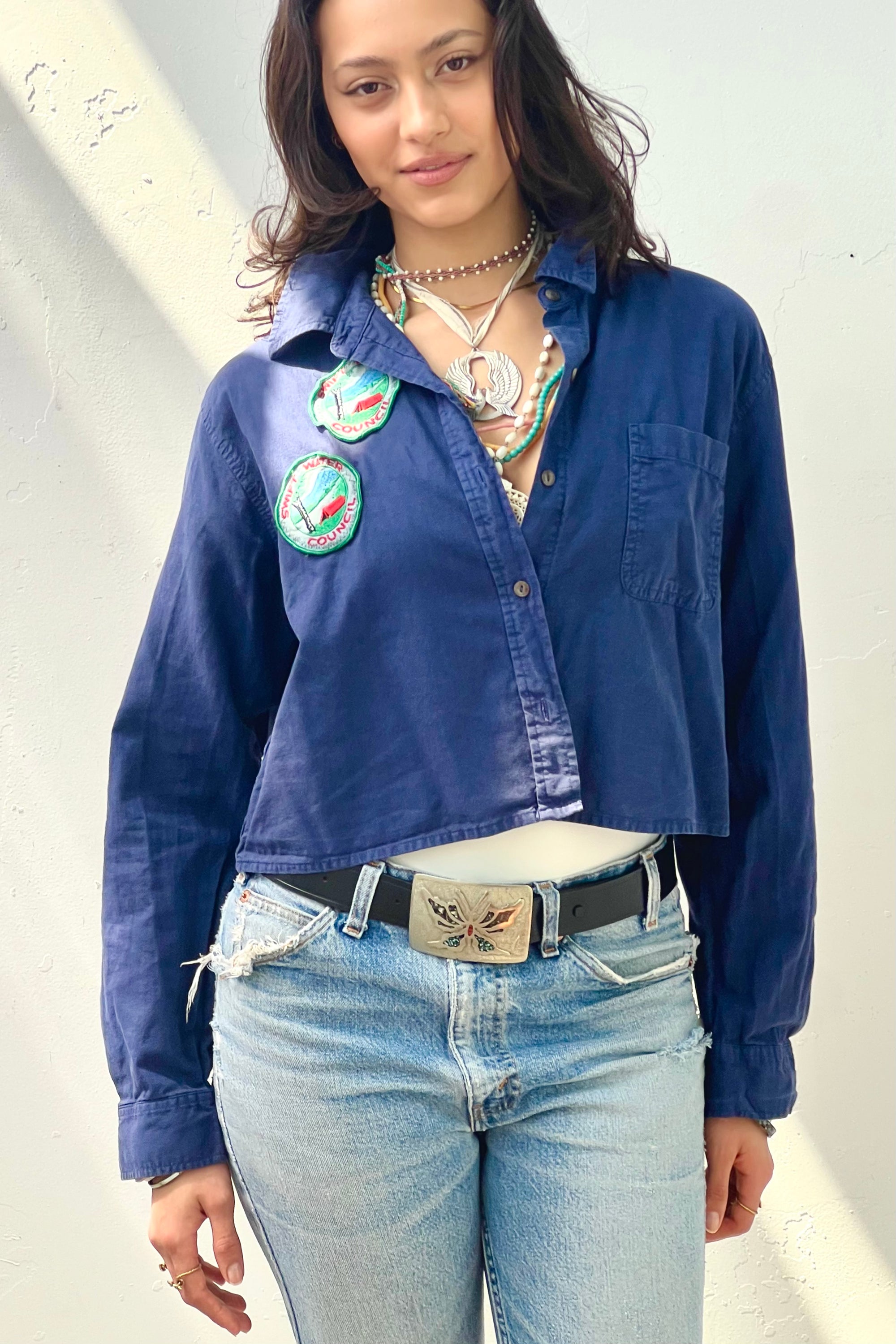 Anna Corinna Reworked Vintage Patched Crop Button Down