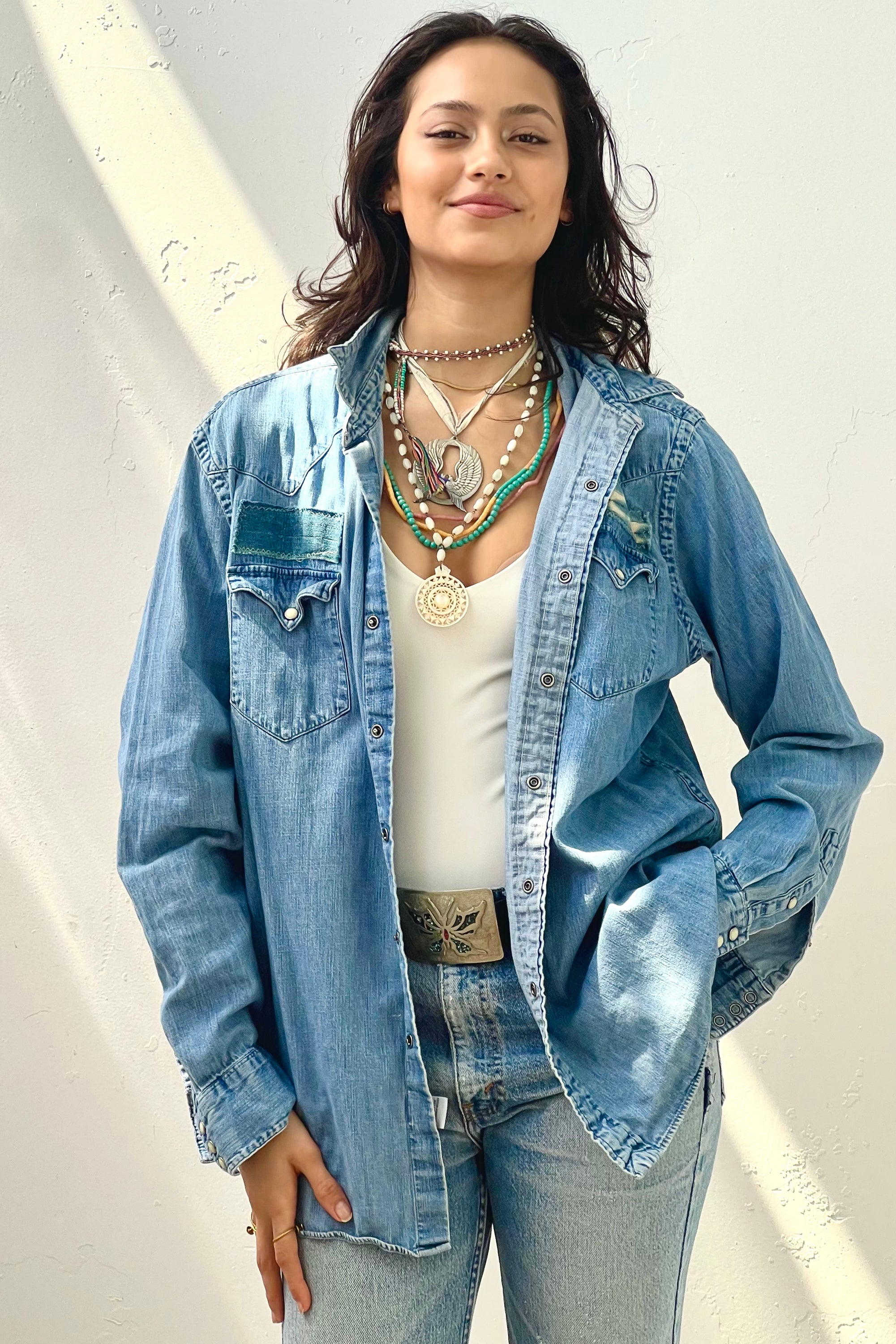 Anna Corinna Reworked Vintage Block Print Patch Snap Up Top