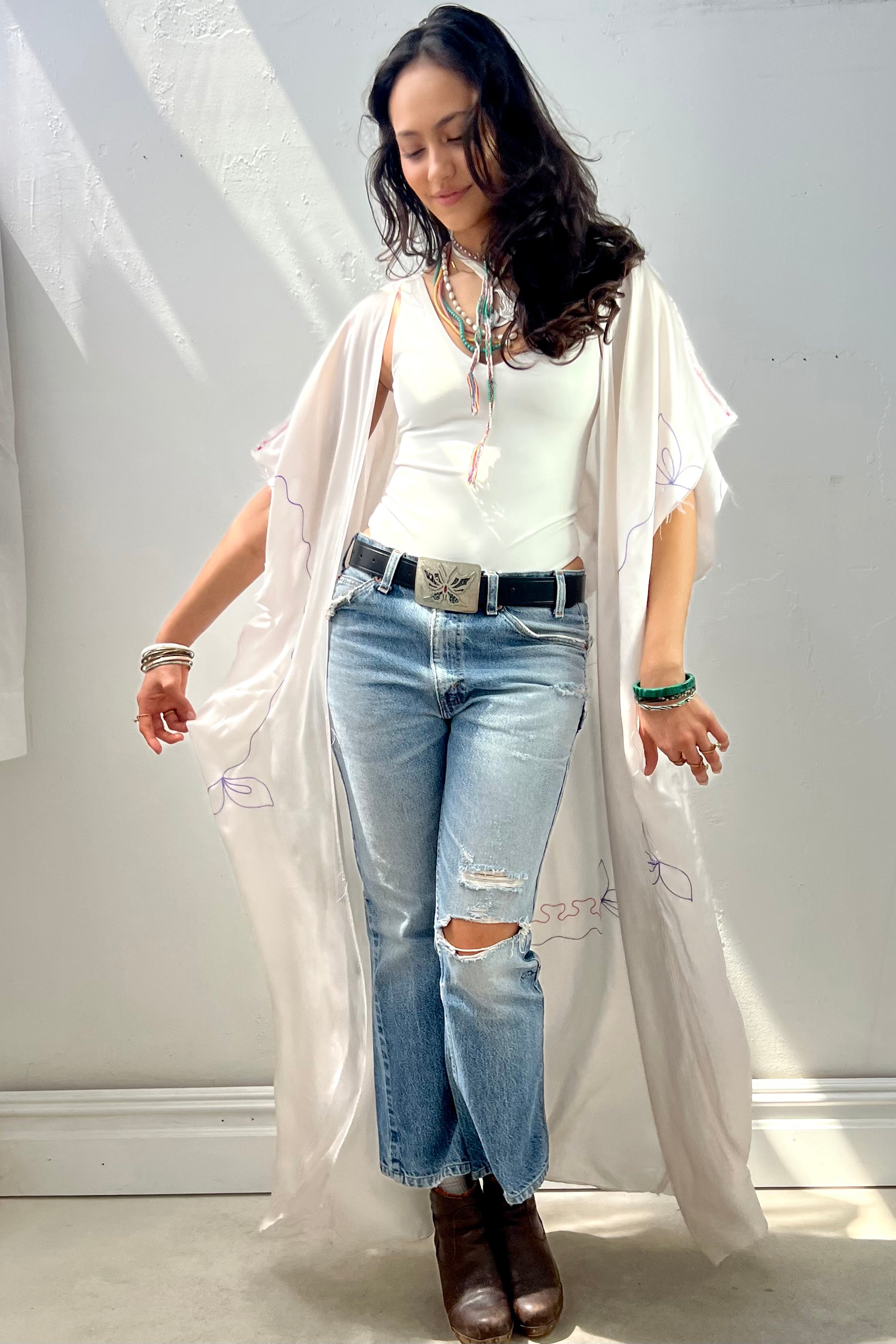 Anna Corinna Reworked Vintage Silky Chainstitched Maxi Kimono