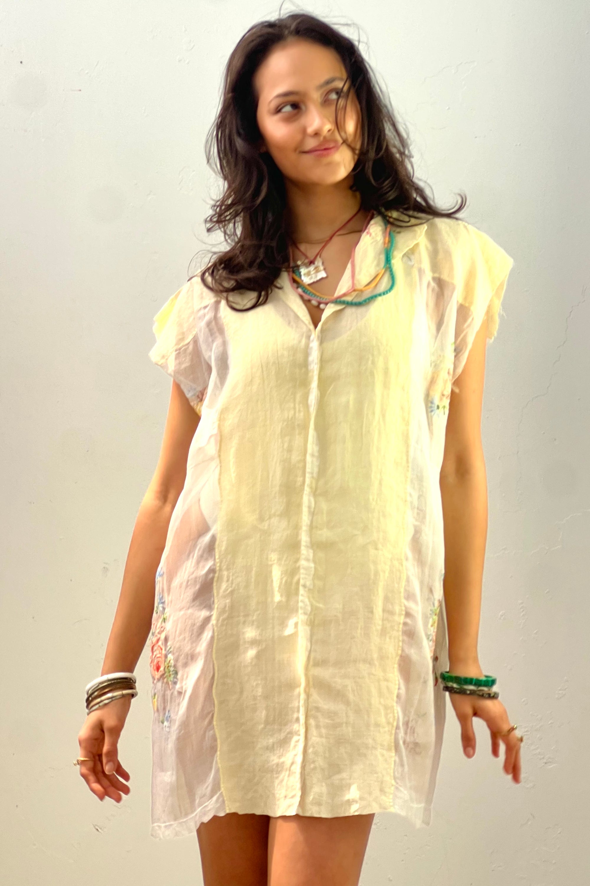Anna Corinna Reworked Vintage Hand Embroidered Sheer Smock Dress