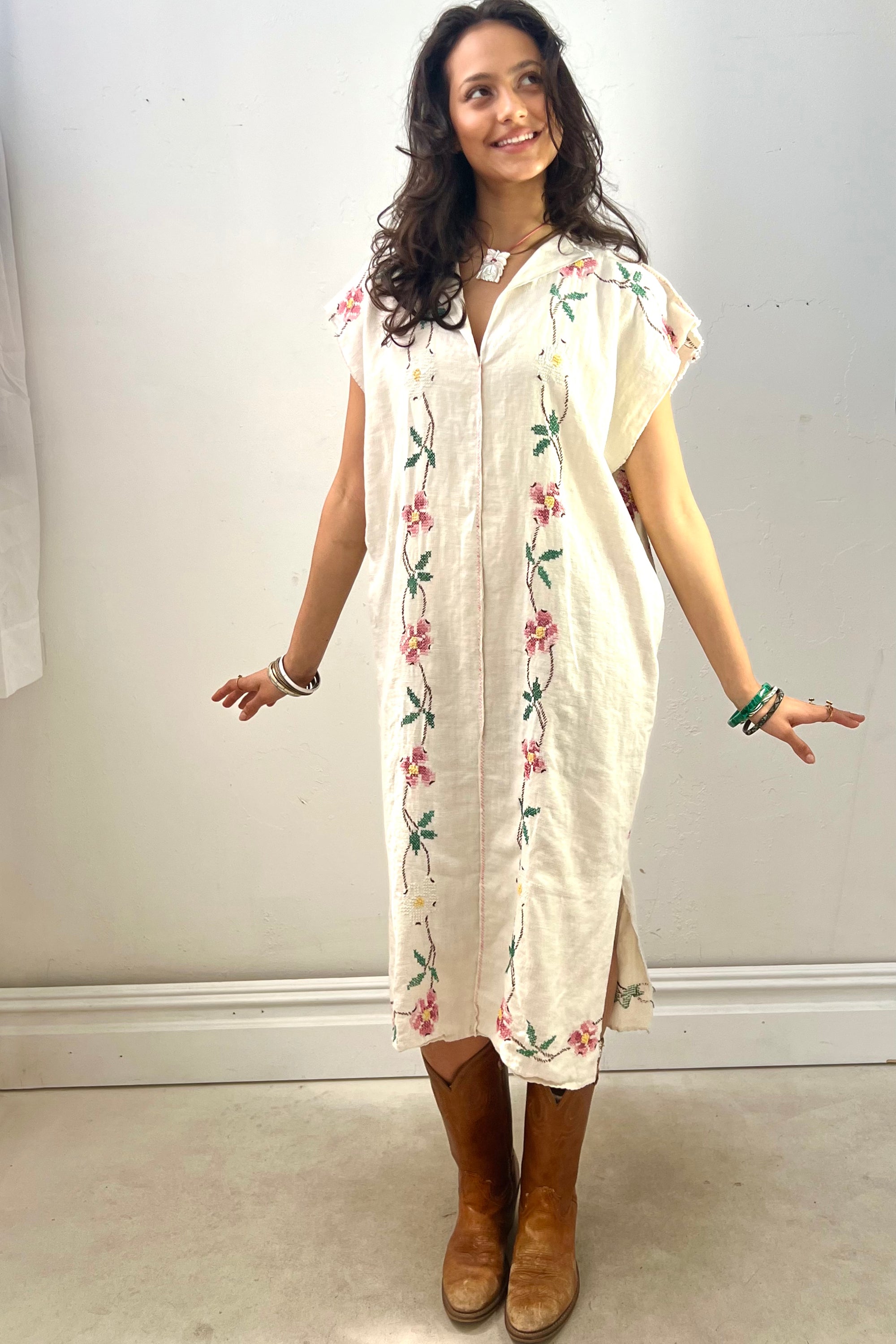 Anna Corinna Reworked Vintage Hand Stitched Flowers Smock Dress