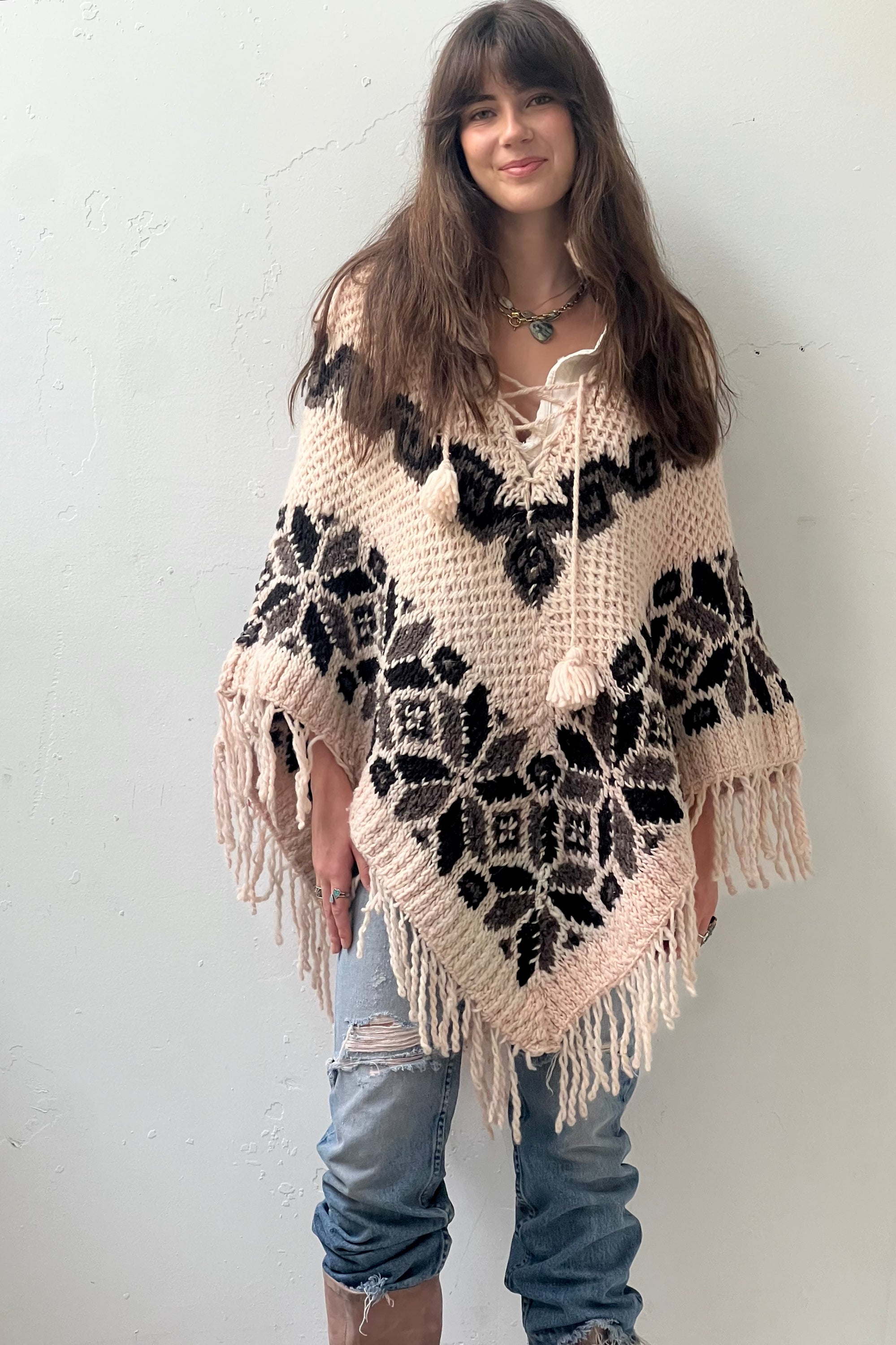 Vintage Fringe Wool Poncho Selected by Anna Corinna