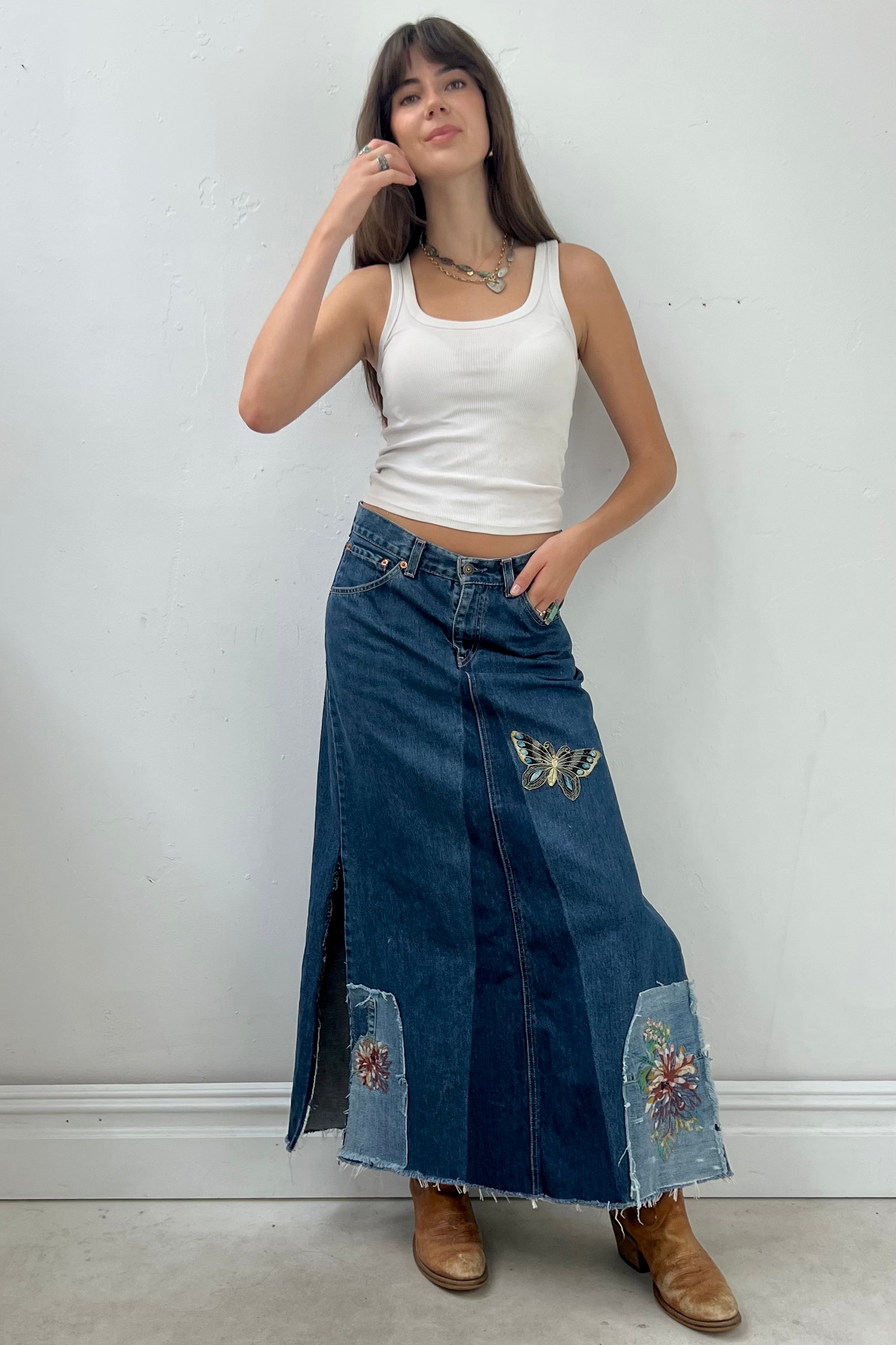 Anna Corinna Reworked Vintage Levi's Patched Jean Skirt