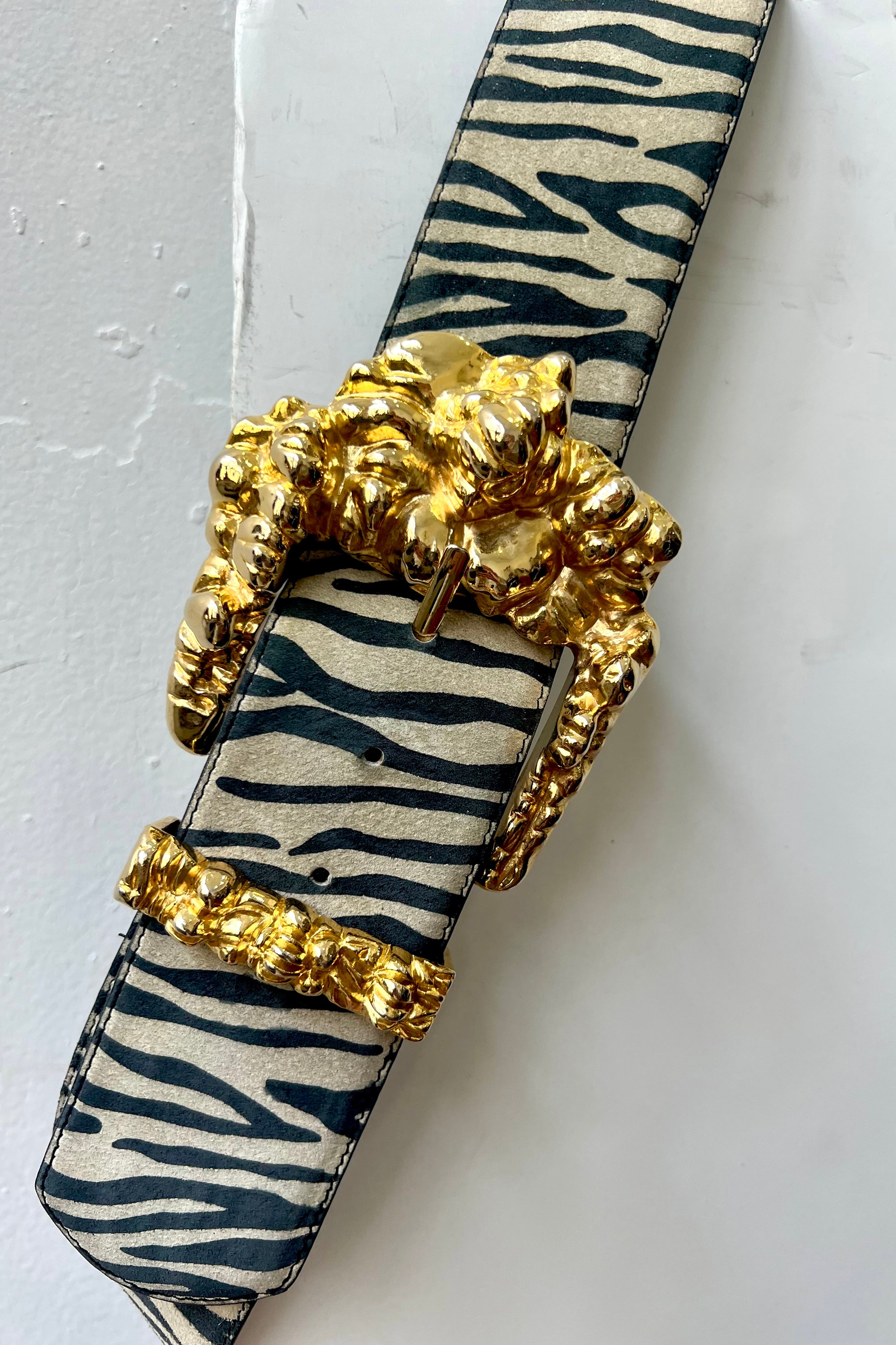Vintage Mega Golden Buckle on Zebra Suede Belt