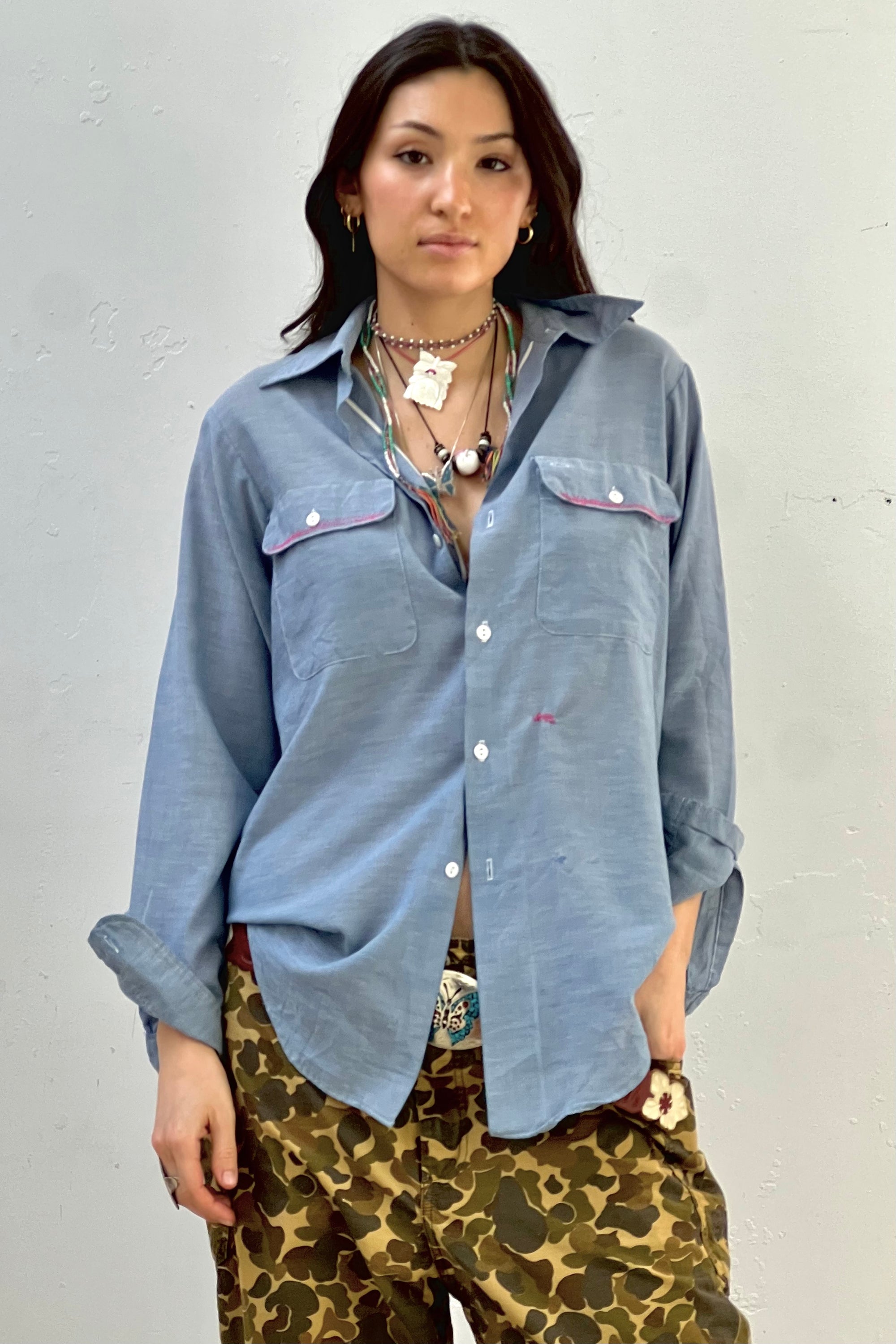 Vintage Embroidered Floral Chambray Button Down Top