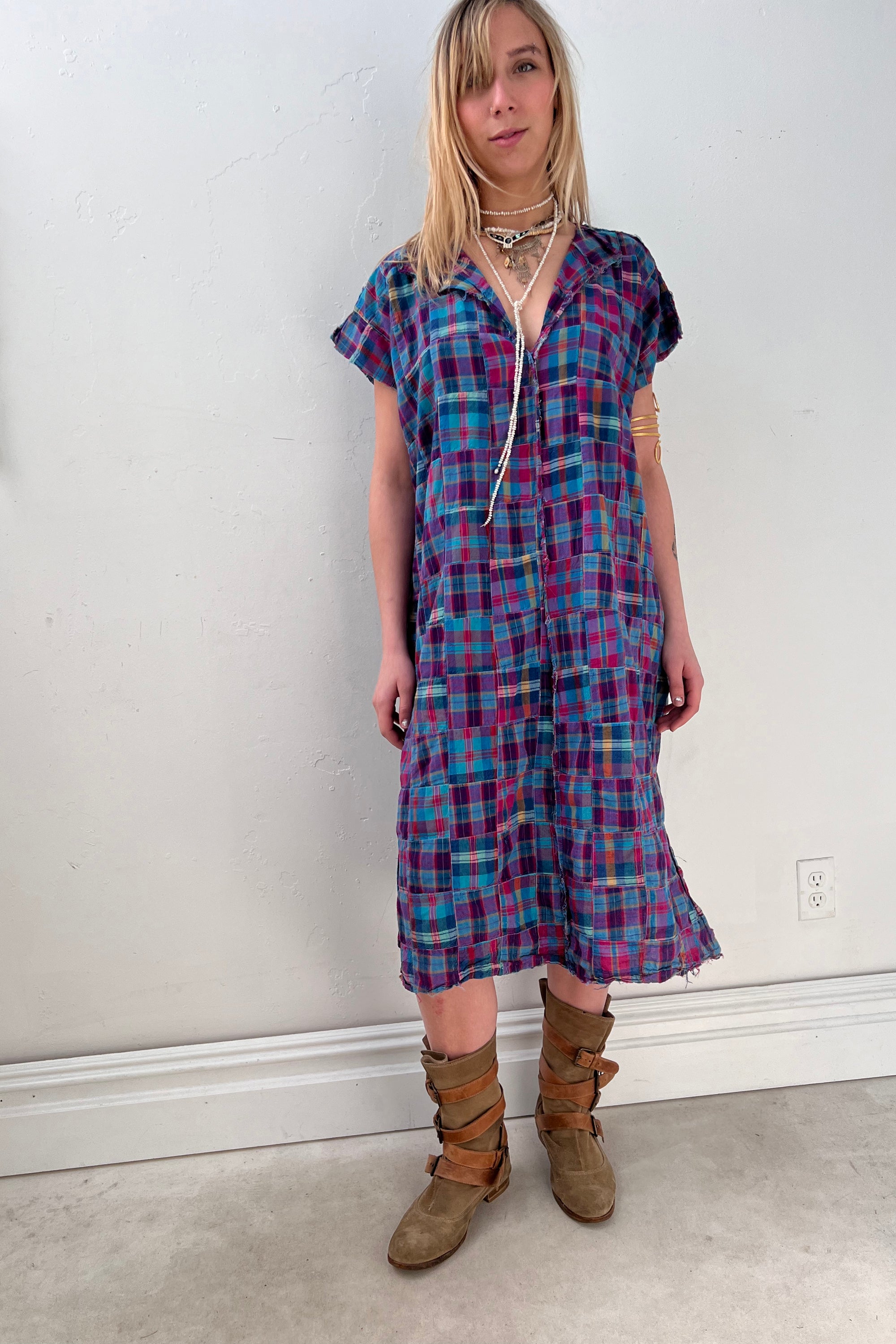 Anna Corinna Reworked Vintage Madras Patchwork Smock Dress