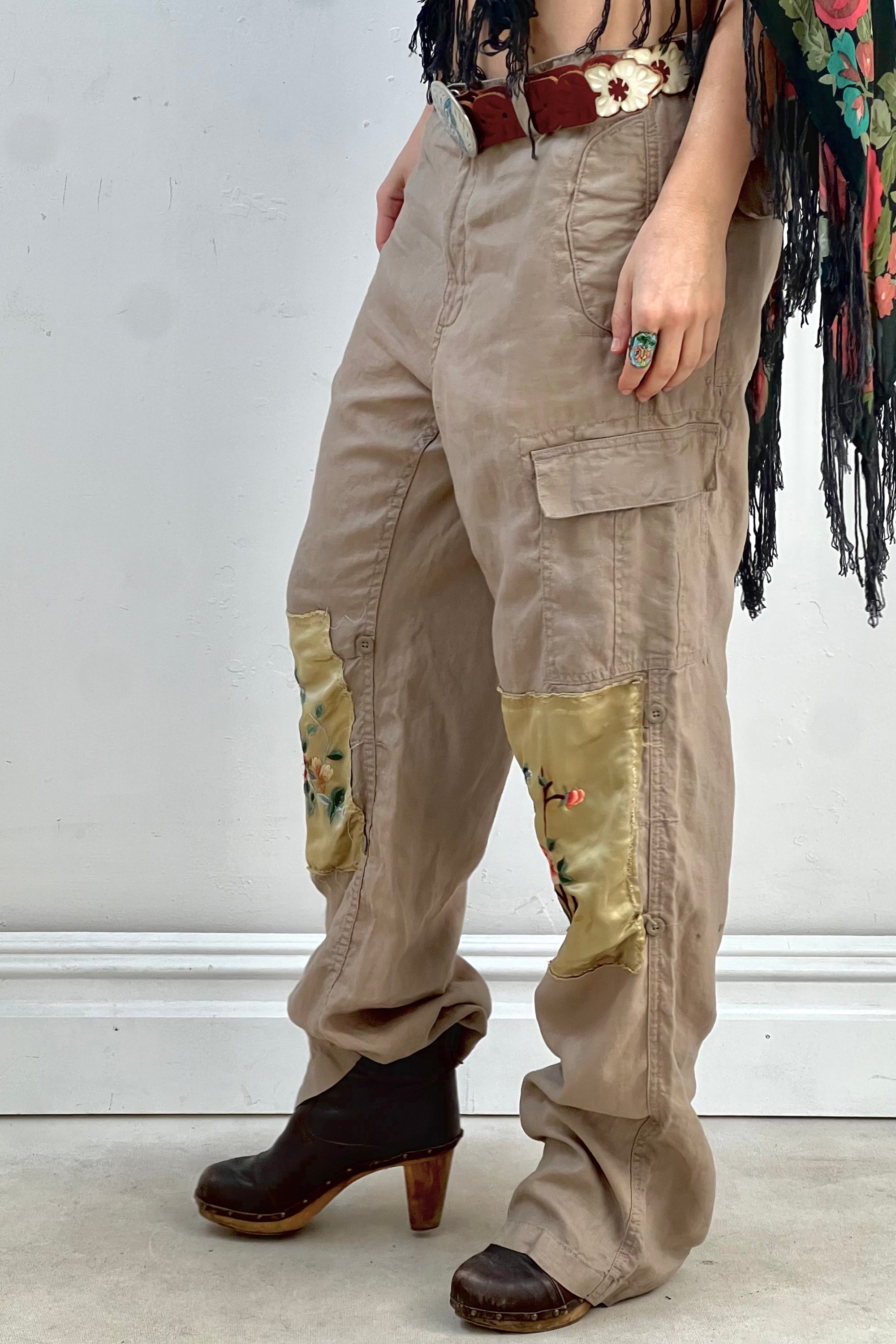 Anna Corinna Reworked Vintage Silk Butterfly Patched Linen Pants