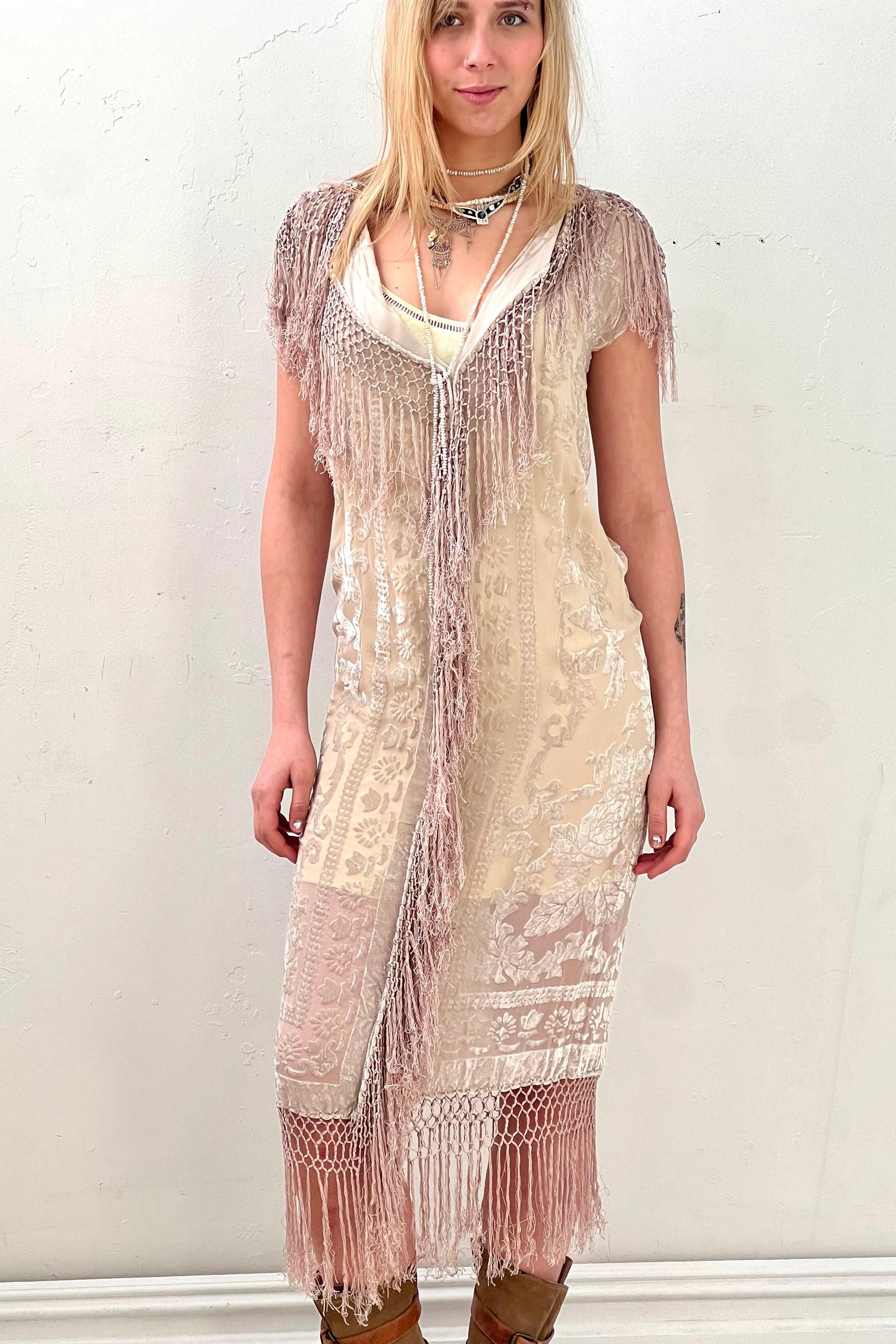 Anna Corinna Reworked Vintage Sheer Velvet Fringe Smock Dress