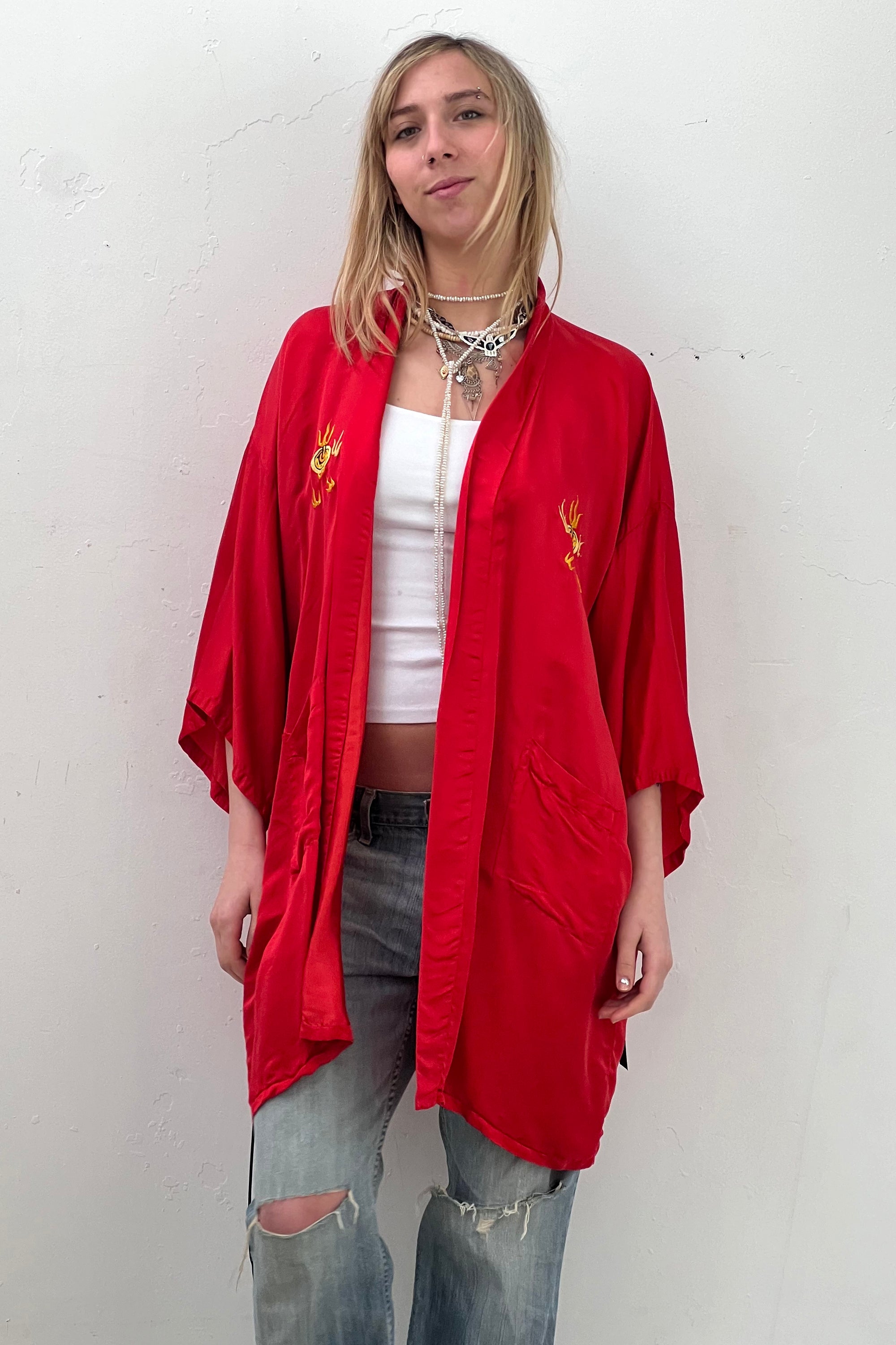 Vintage Silk Vermillion Dragon Kimono