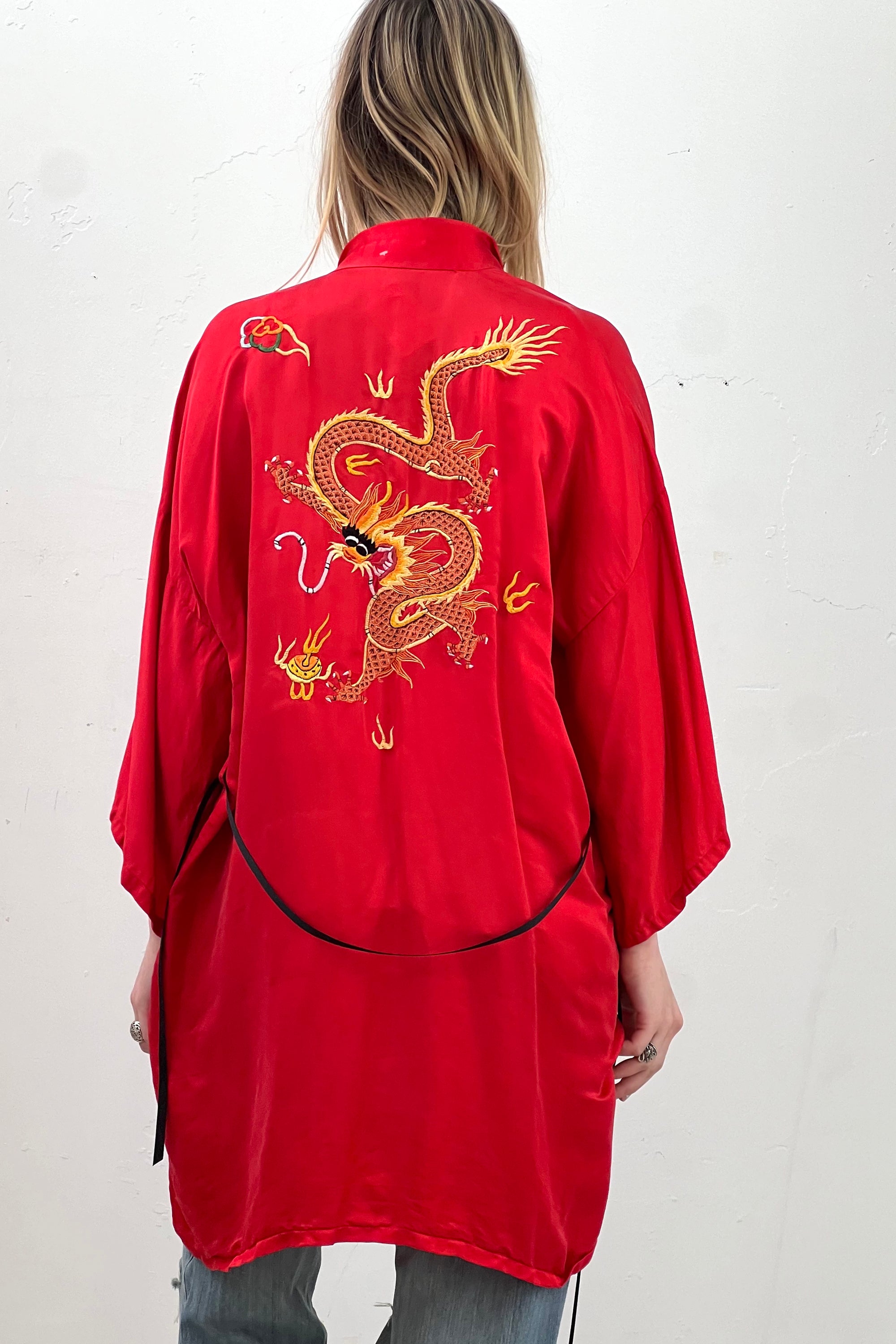 Vintage Silk Vermillion Dragon Kimono