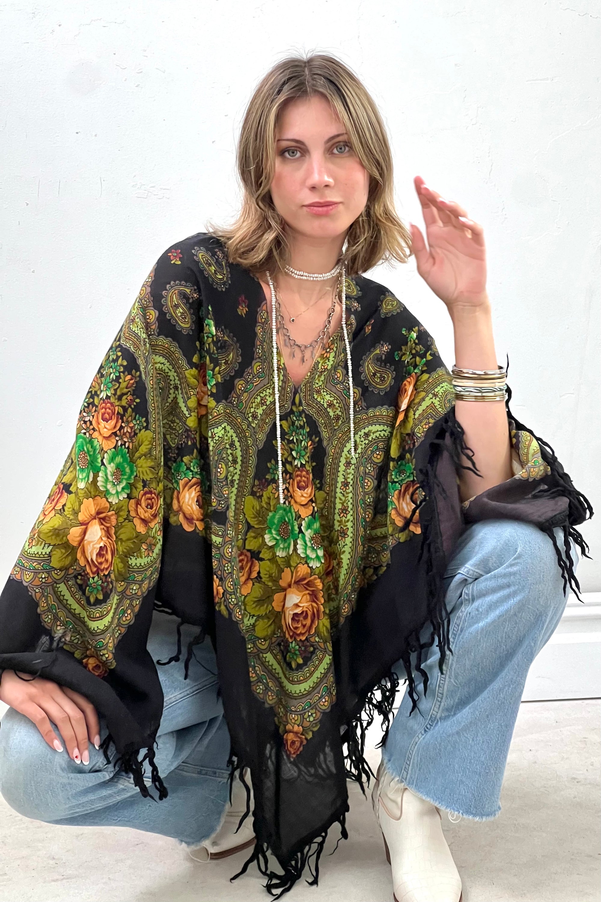 Anna Corinna Reworked Vintage Wool Flower Noir Poncho Top