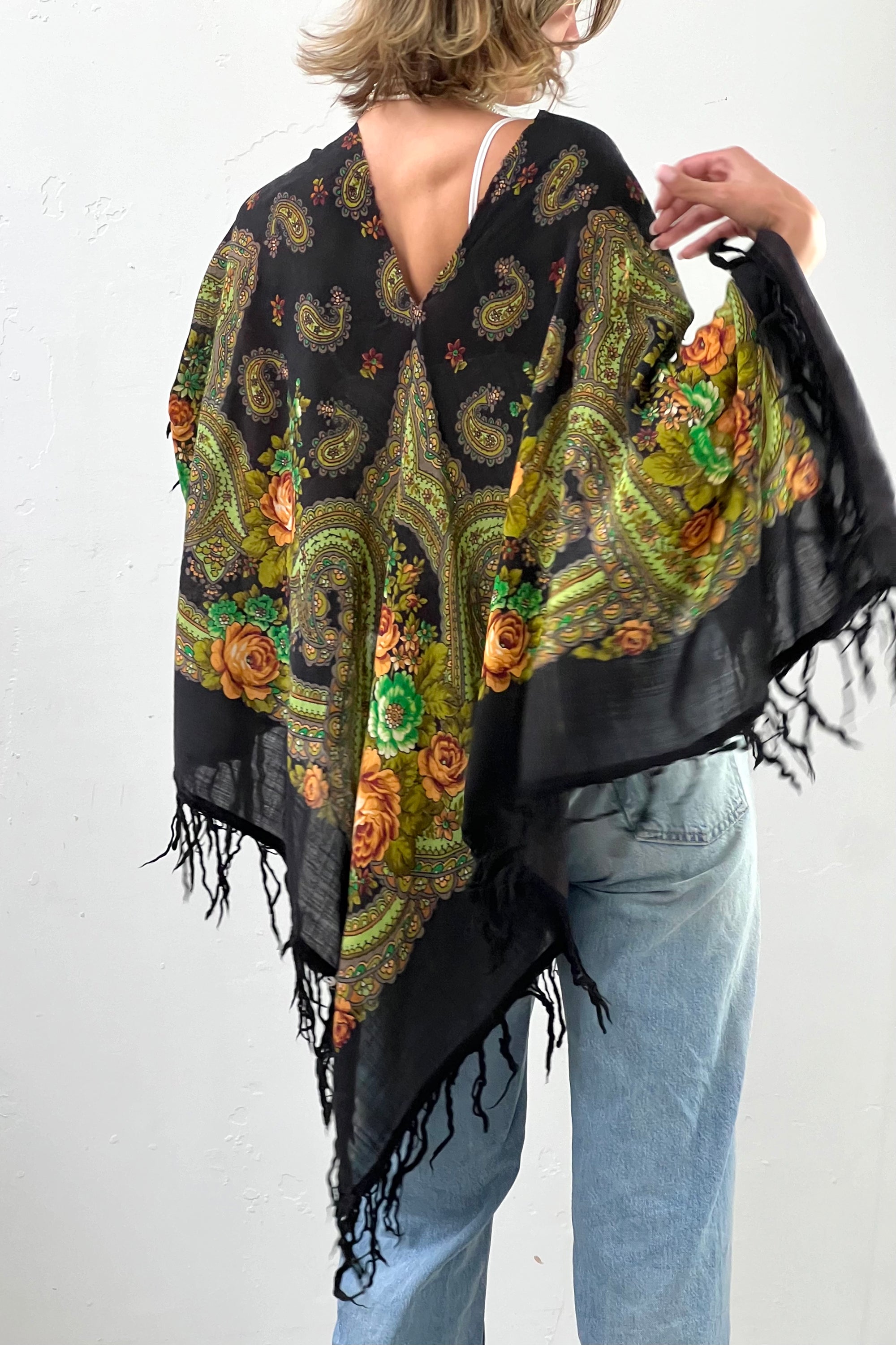 Anna Corinna Reworked Vintage Wool Flower Noir Poncho Top