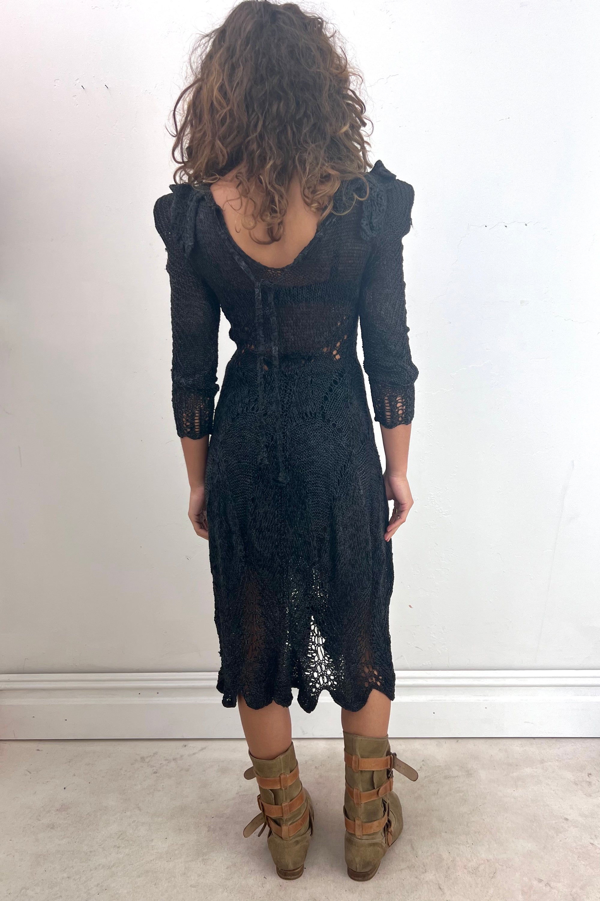 Vintage Hand Knit Noir Ruffle Neck Scoop Back Dress