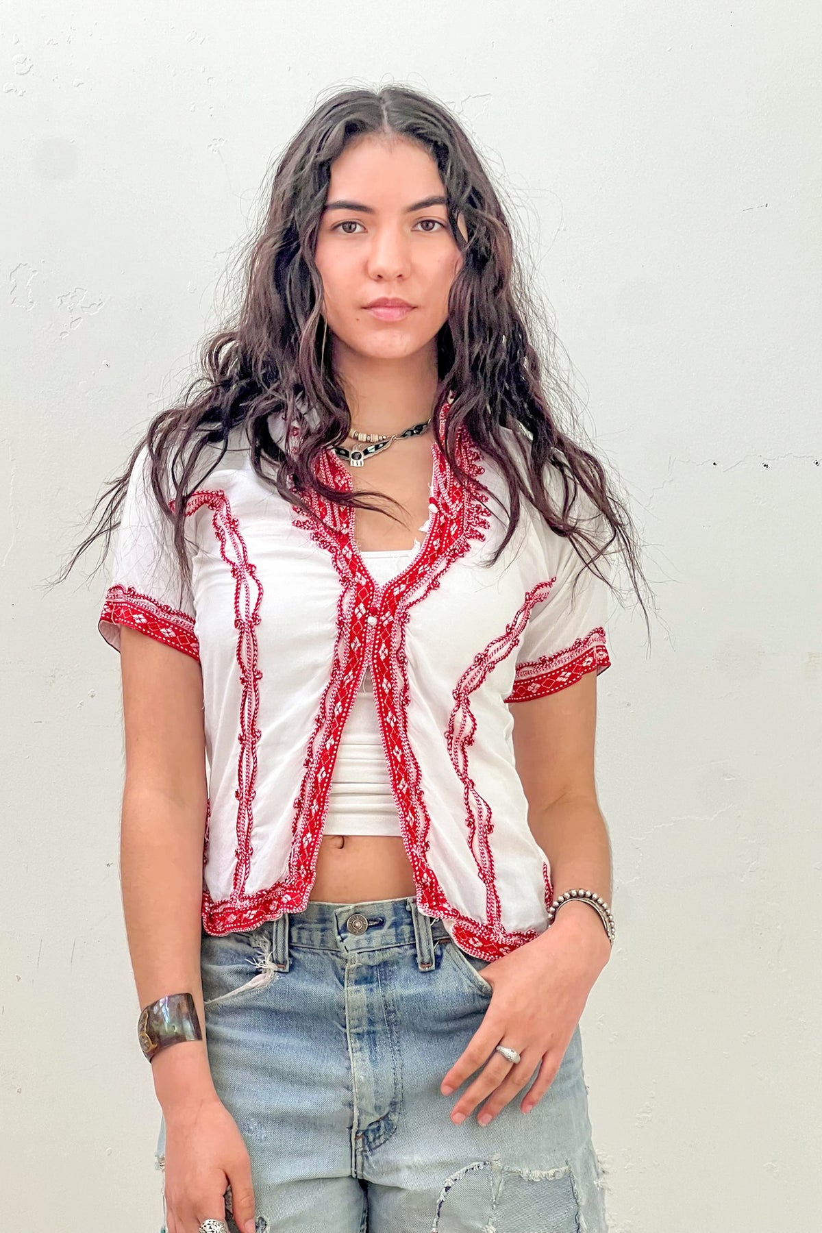 Vintage Red Trimmed Top, Rayon