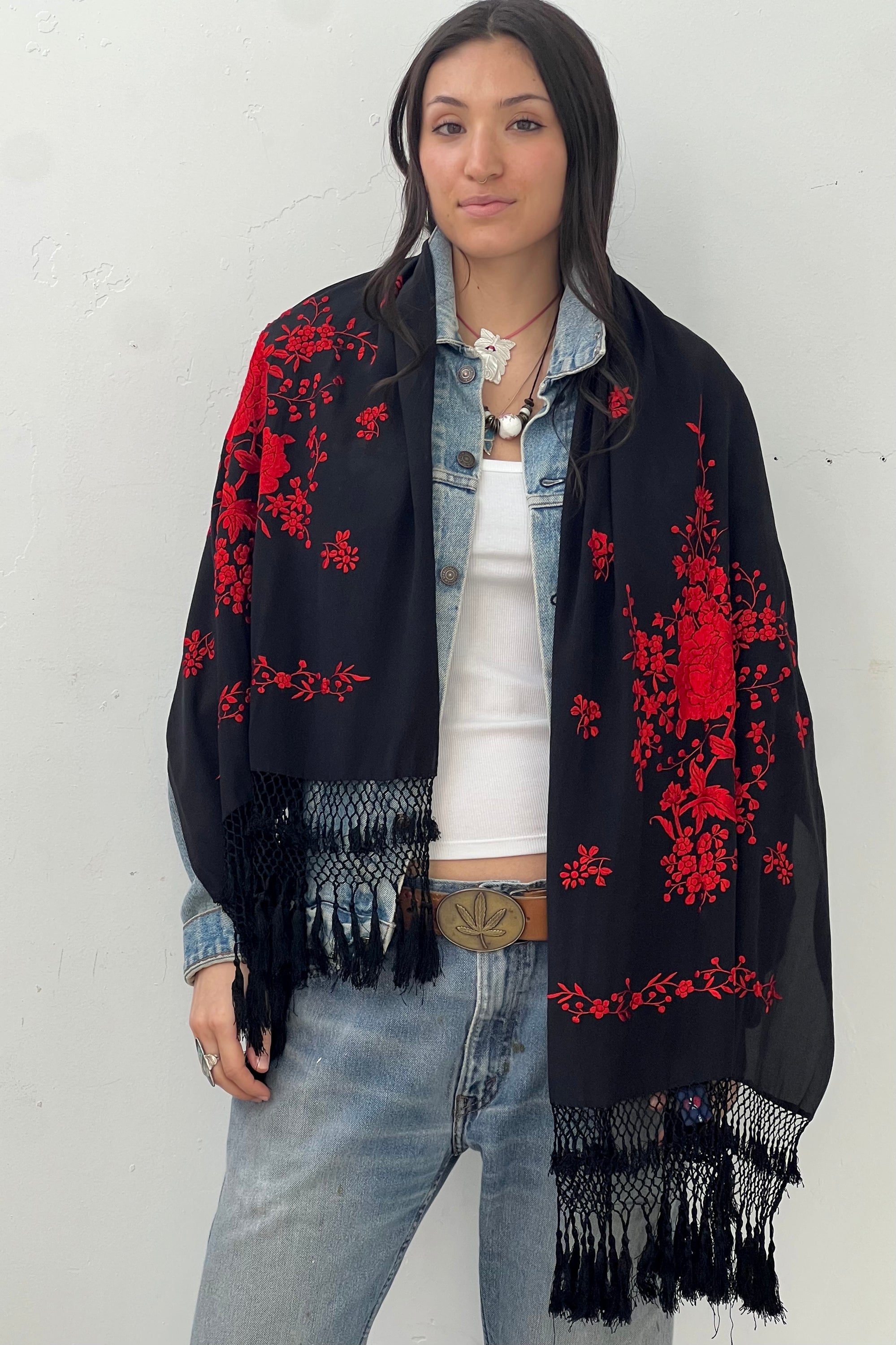 Vintage Silk Hand Embroidered Midnight Shawl