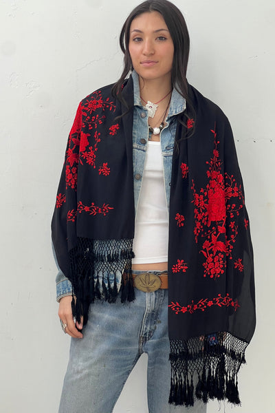 Vintage Silk Hand Embroidered Midnight Shawl, view 2