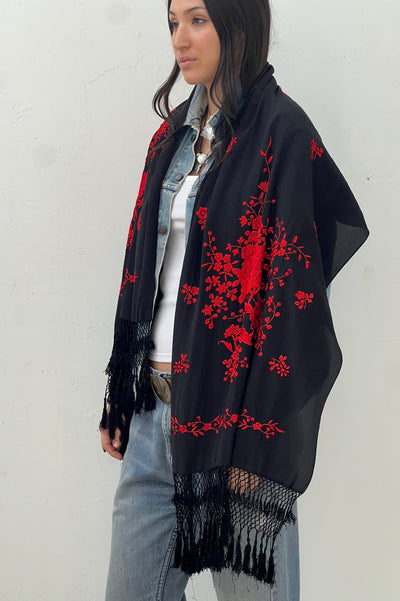 Vintage Silk Hand Embroidered Midnight Shawl, view 3