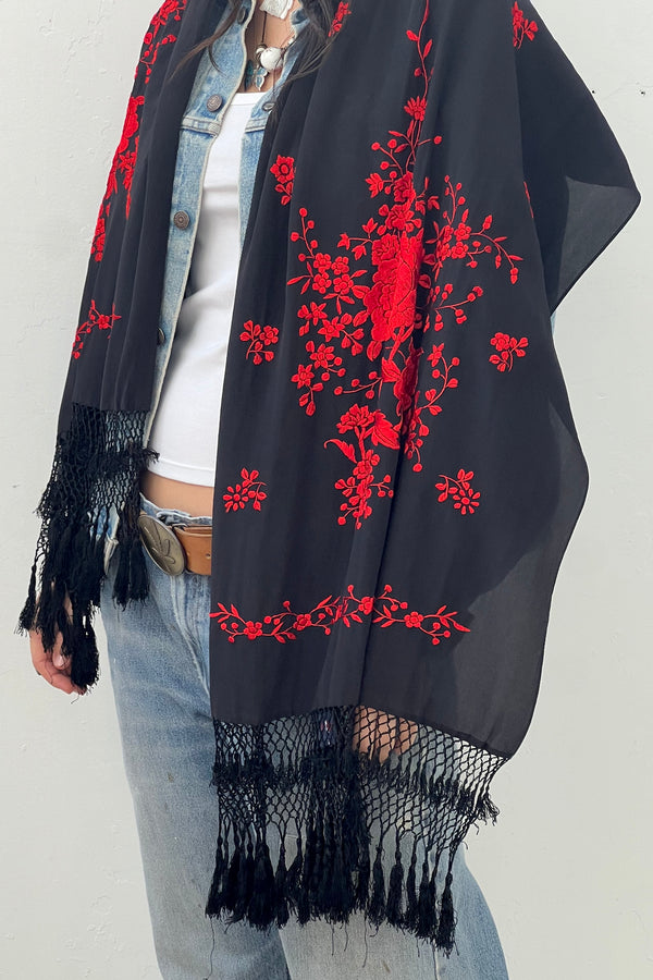 Vintage Silk Hand Embroidered Midnight Shawl