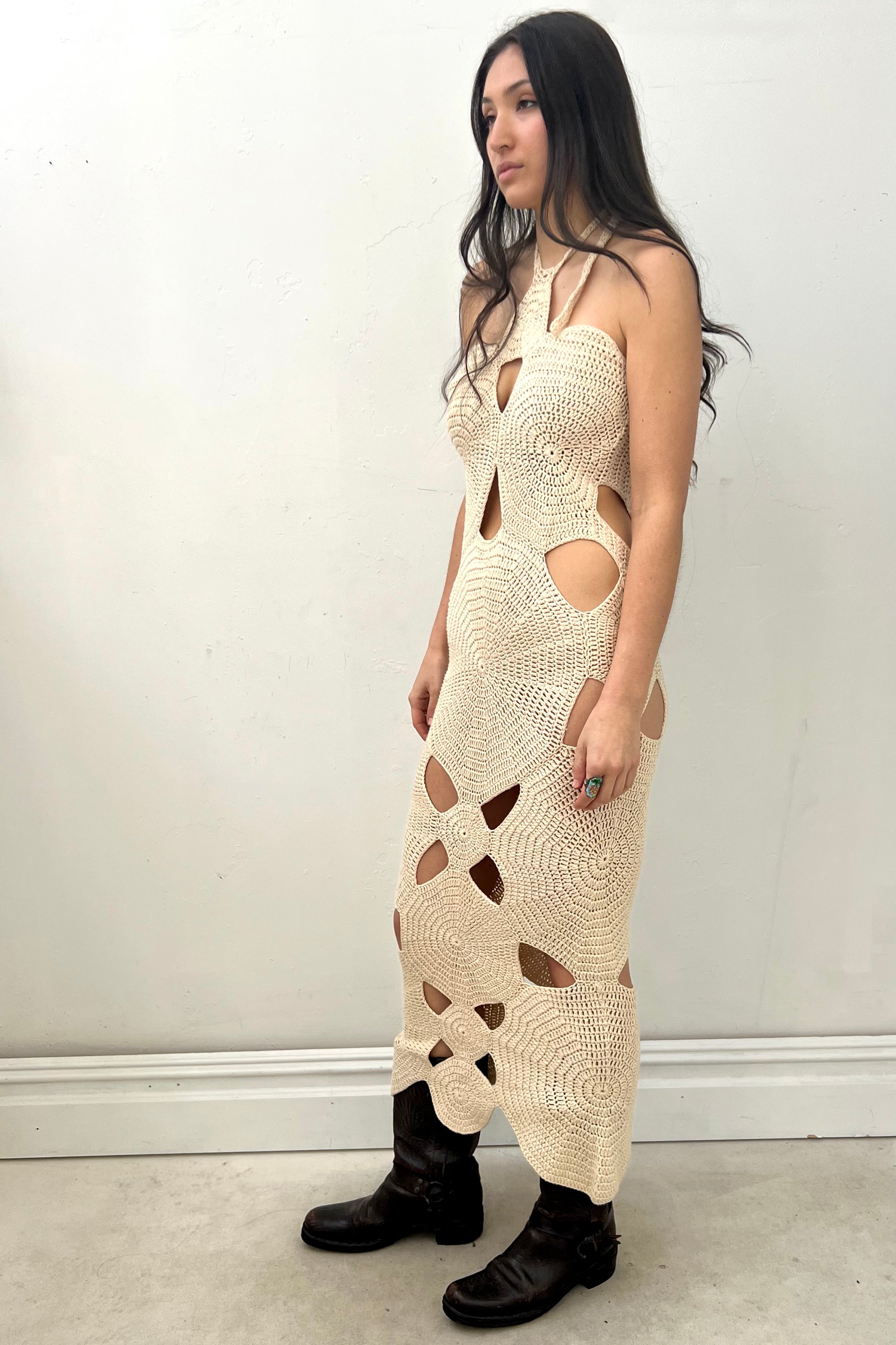 Vintage Hand Crocheted Peek A Boo Maxi Dress