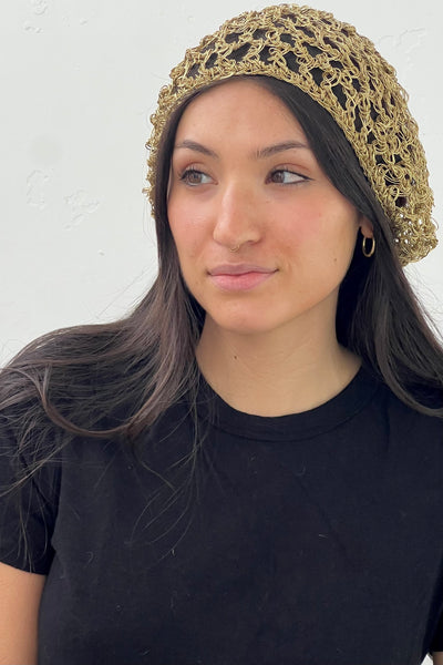 Vintage Crocheted Golden Beret, view 3