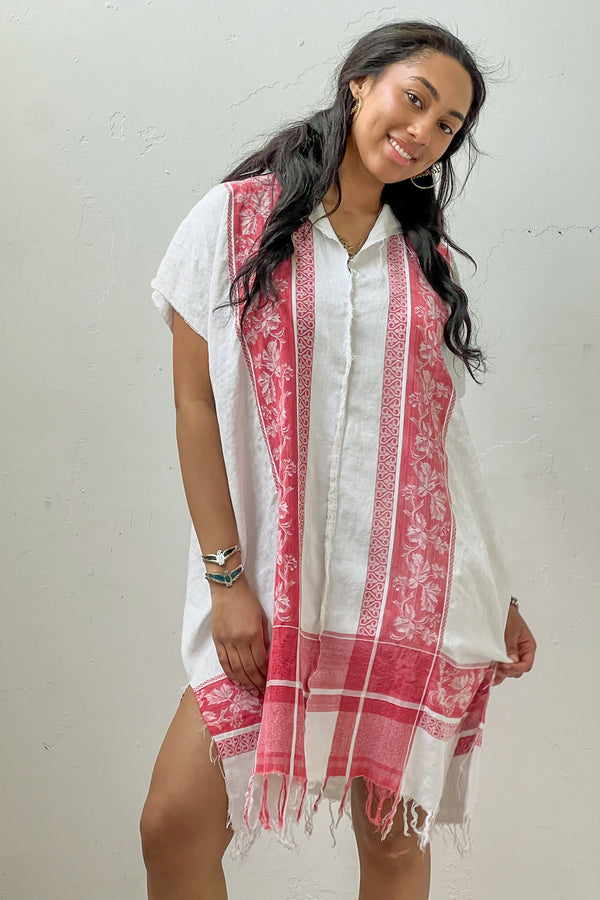 Anna Corinna Reworked Vintage Rouge Blanc Woven Damask Smock Dress, Cotton