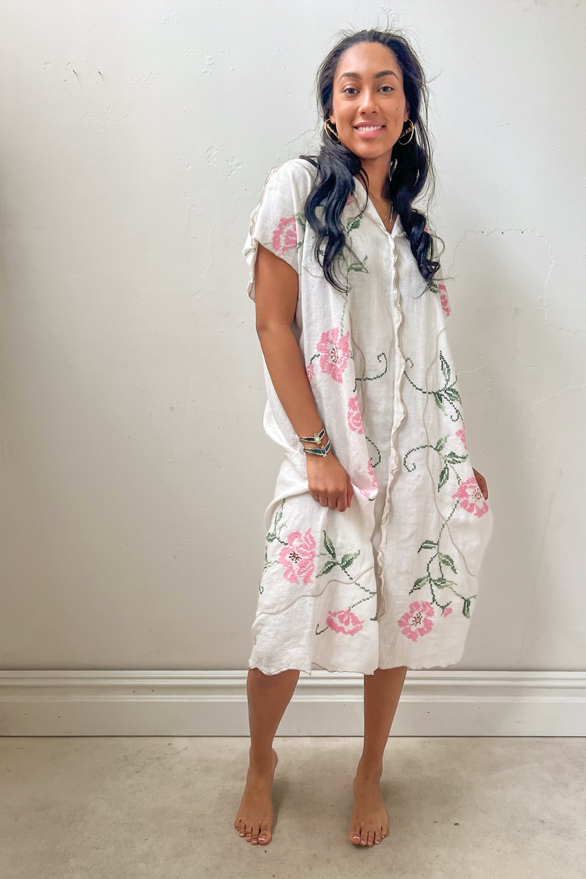 Anna Corinna Reworked Vintage Cross Stitch Pink Flower Smock Dress