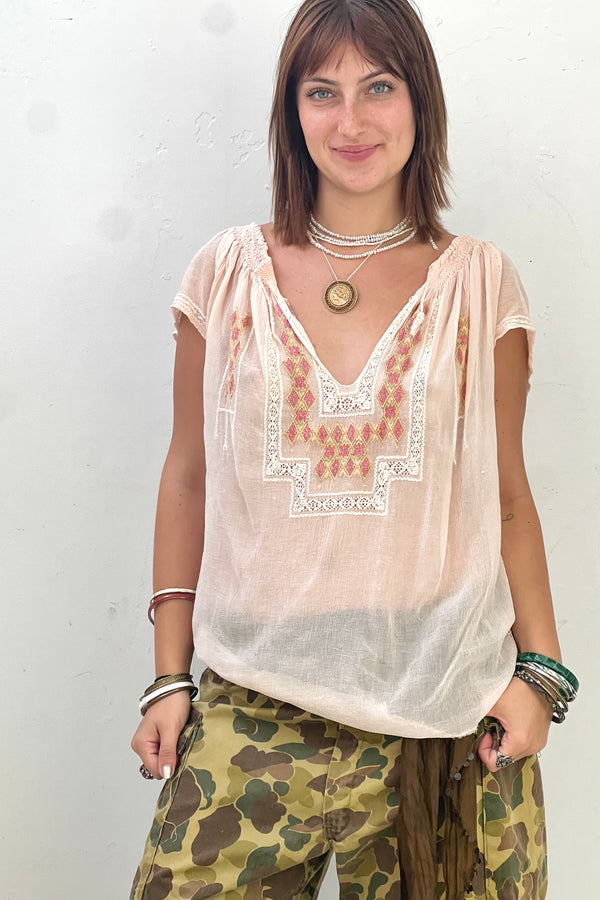 Vintage Sheer Hand Embroidered Peasant Top